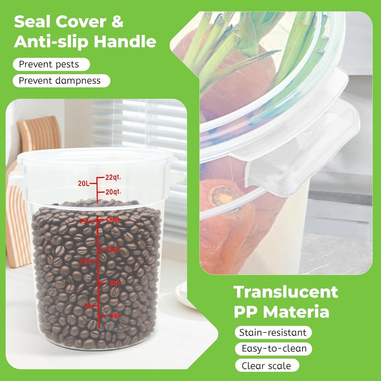 4 Pack Round Food Storage Containers with Lids, 22Qt Large Translucent Food Container, Polypropylene, BPA Free, Includes Labels & Measuring Cups