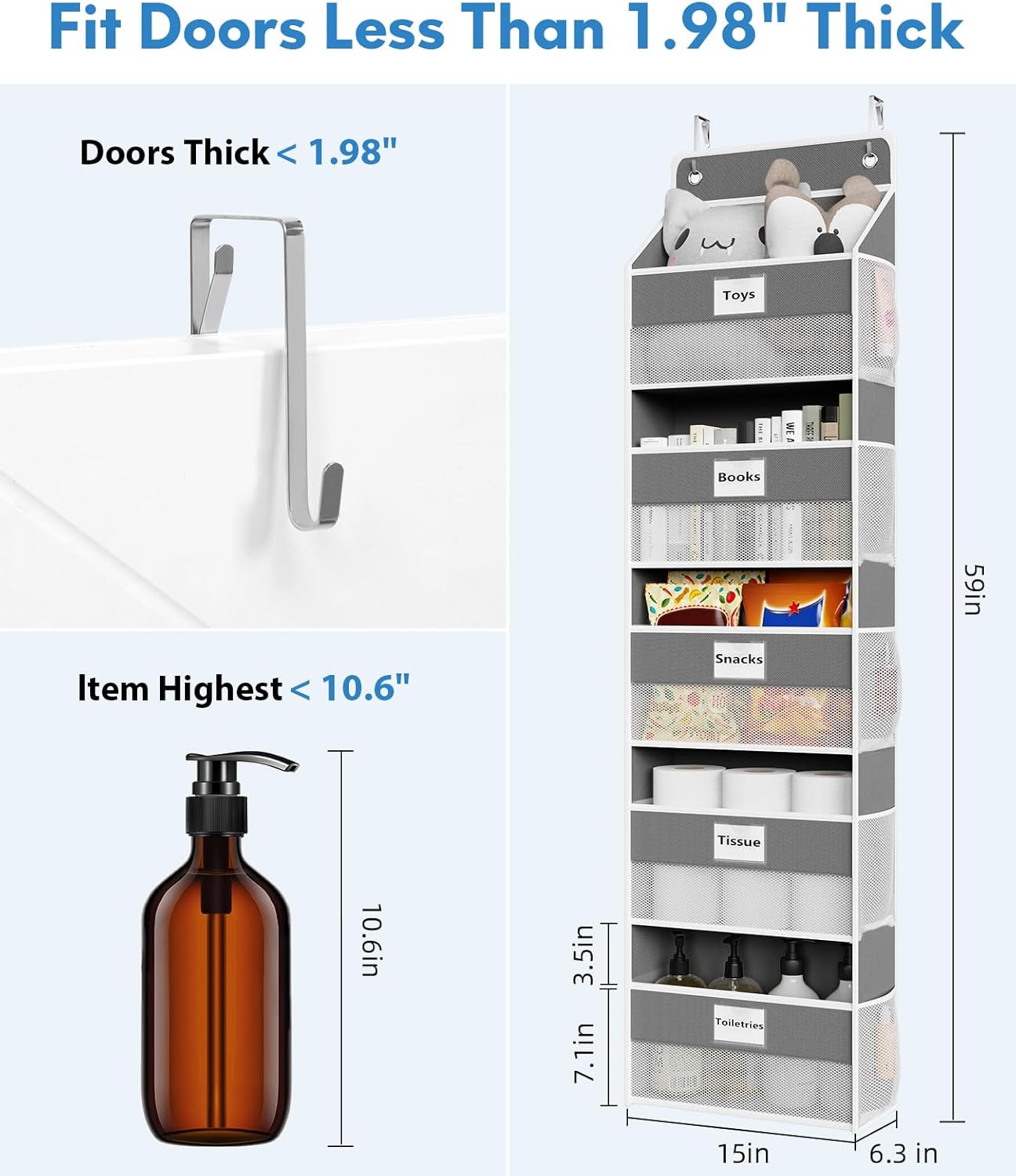 Over The Door Organizer Hanging, 2 Pack 5 Shelf Behind The Doors Storage, Pantry Door Organizer, Closet Organizers for Bedroom and Nursery (Dark Grey)
