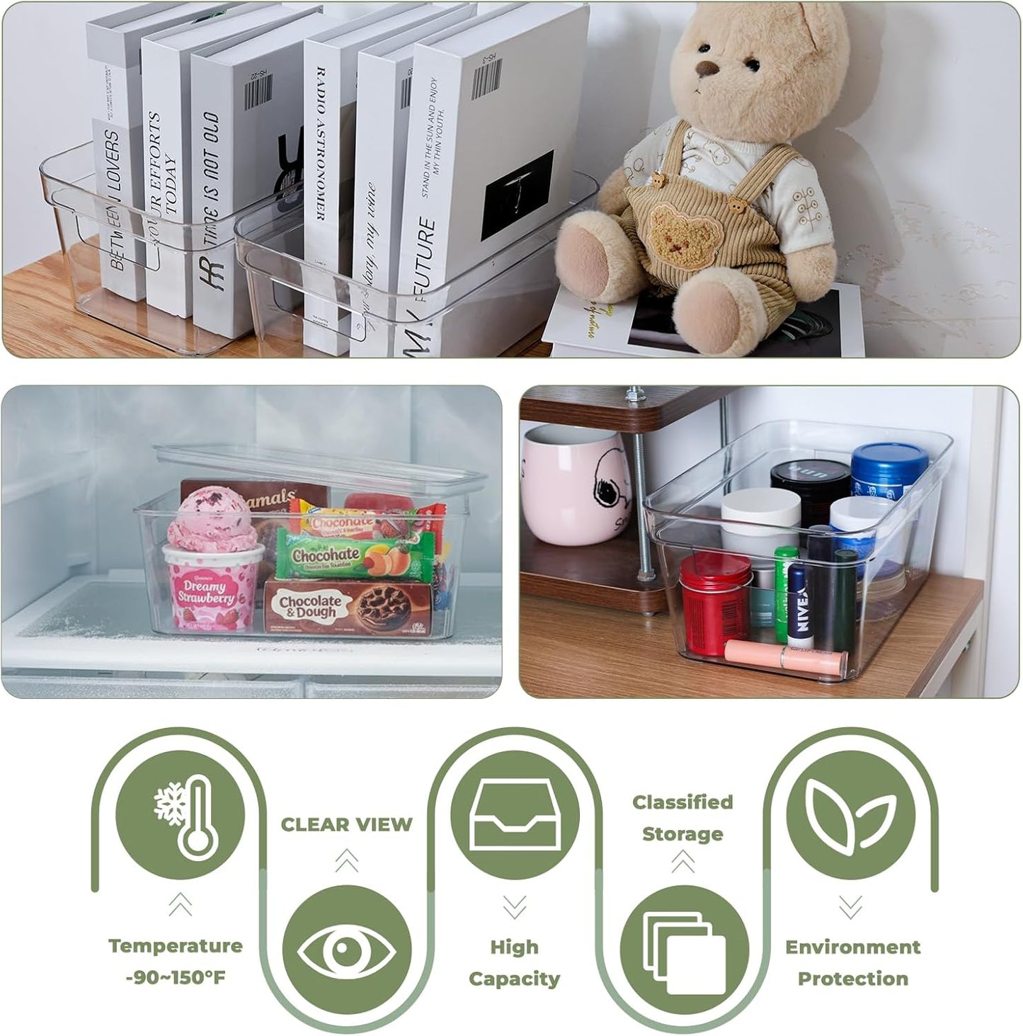 MOONEDGE Clear Plastic Storage Bins with Lids – Stackable Organizer Containers for Fridge, Kitchen, Pantry, Bathroom, Closet, Laundry Room, Office – 2 Pack (10×6×5 in)