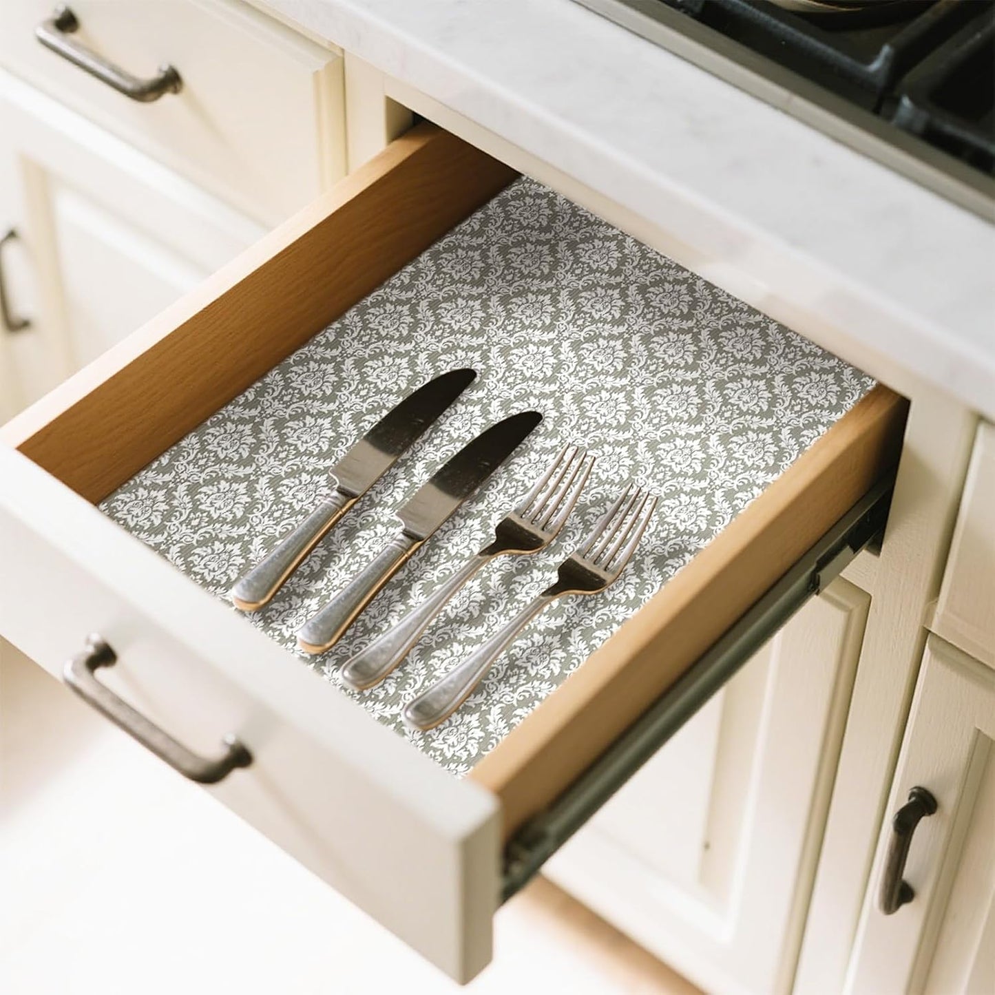 Drawer Liner and Shelf Liner for Kitchen Cabinet Liner Non-Adhesive Non-Slip Shelf Paper, Thick Strong Grip Waterproof Easy to Clean for Shelves, Cupboard, Desks, Baroque Pattern, 17.5 in x 20 FT