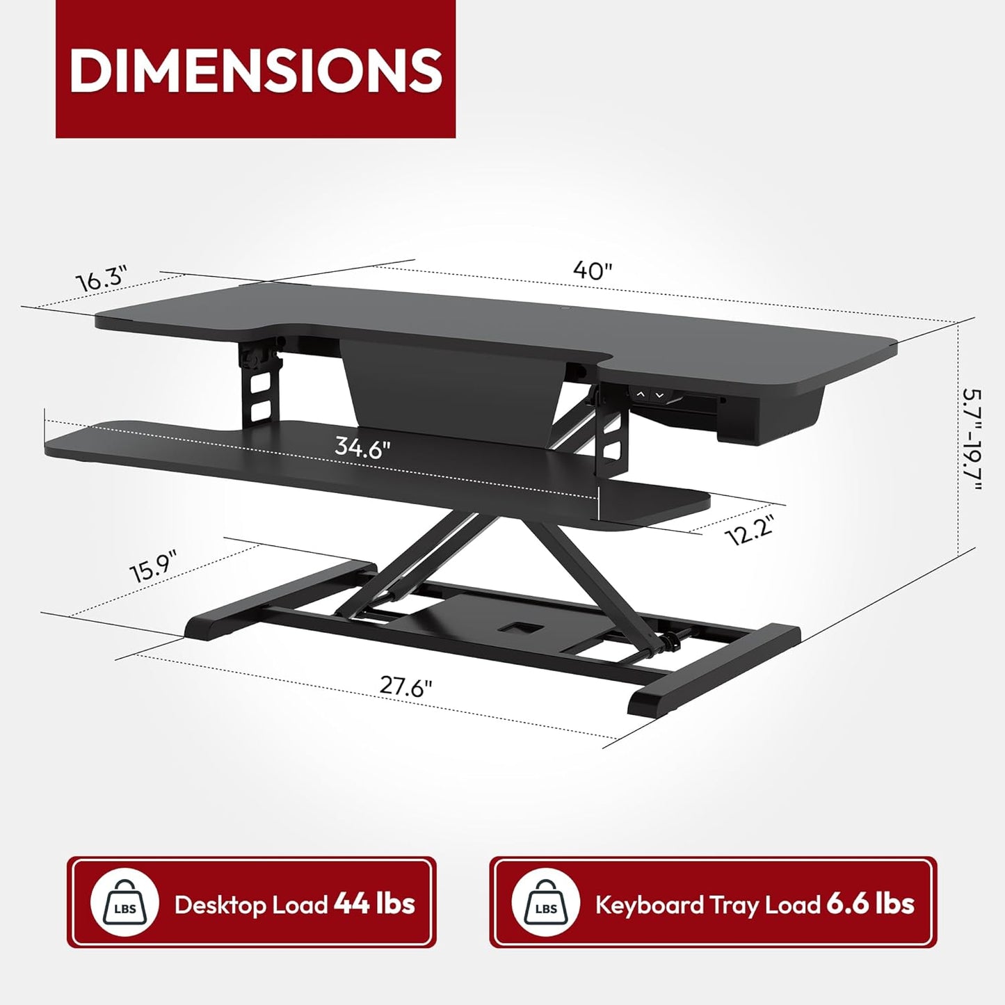 SANODESK 40" Electric Standing Desk Converter， Height Adjustable Riser for Office Home,Dual Monitor and Laptop Workstation with Large Keyboard Tray, Black Color