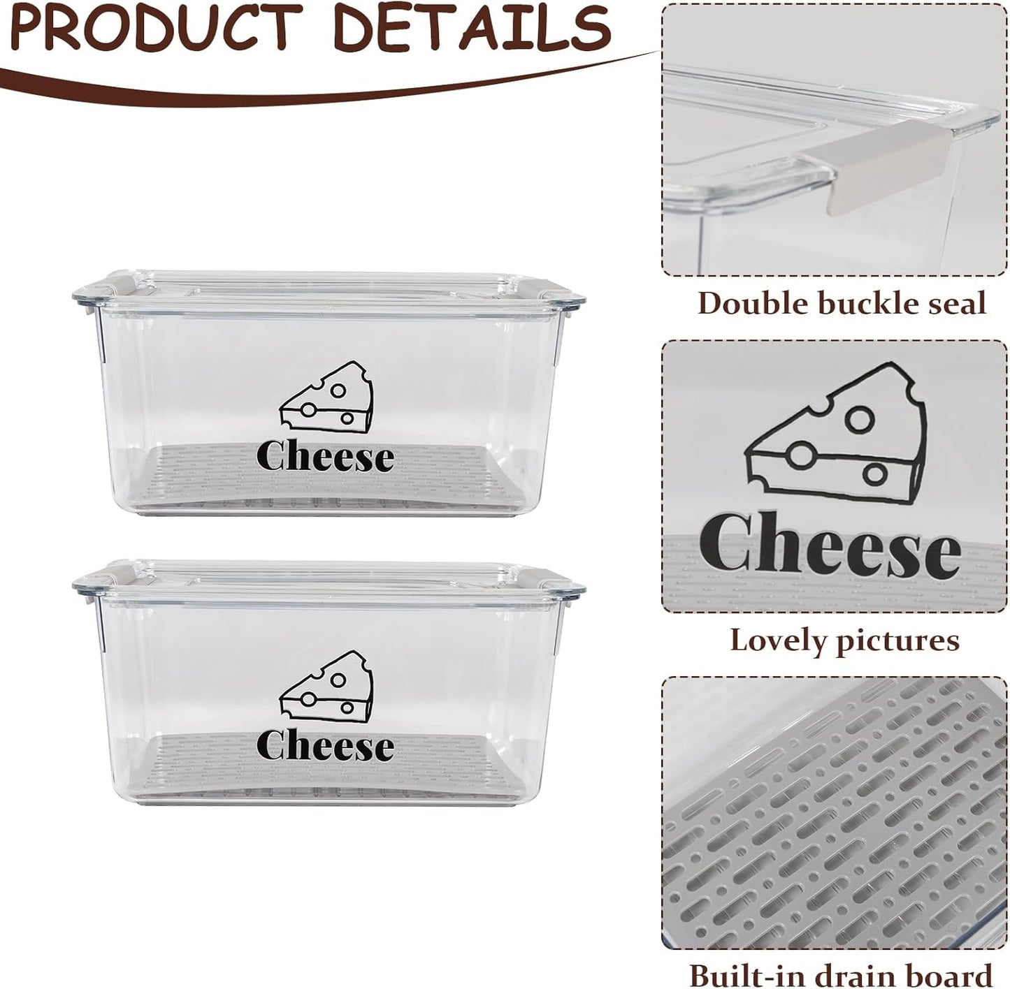 Cheese Container Airtight with Draining Basket Cream Cheese Sliced Cheeses Box with Lid Saver for Fridge Cheeses Keeper Cream Block Shredded Storage Box Saver (Clear - 2 Pack)