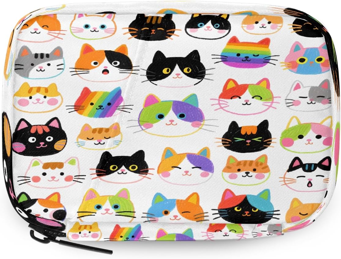 Colorful Hand Drawn Cat Pill Organizer Travel Medicine Case with Zipper Daily Vitamin Storage Bag Portable 8 Slot Weekly Pill Box Supplement Holder for Home Office Gym Travel