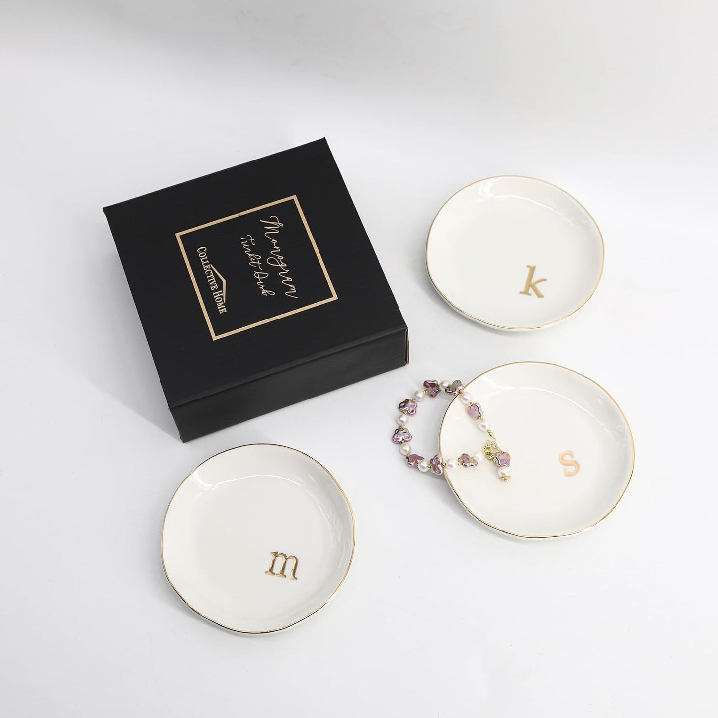 COLLECTIVE HOME - Ceramic Jewelry Tray, Decorative Trinket Dish for Rings Earrings Necklaces Bracelet Watch Keys, Birthday Mother's Day Christmas Gift for Women, 4.75", Glossy (h)