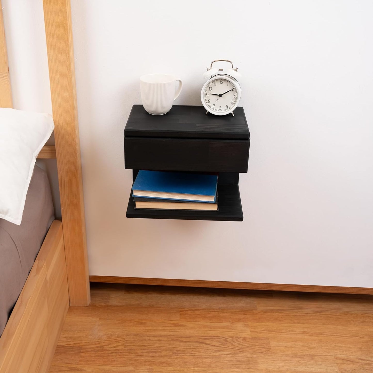 Floating Nightstand Side Accent or End Table with Storage Drawer, Wood Bedside Shelf, Handmade Floating Table, Nightstand Shelf (Black)