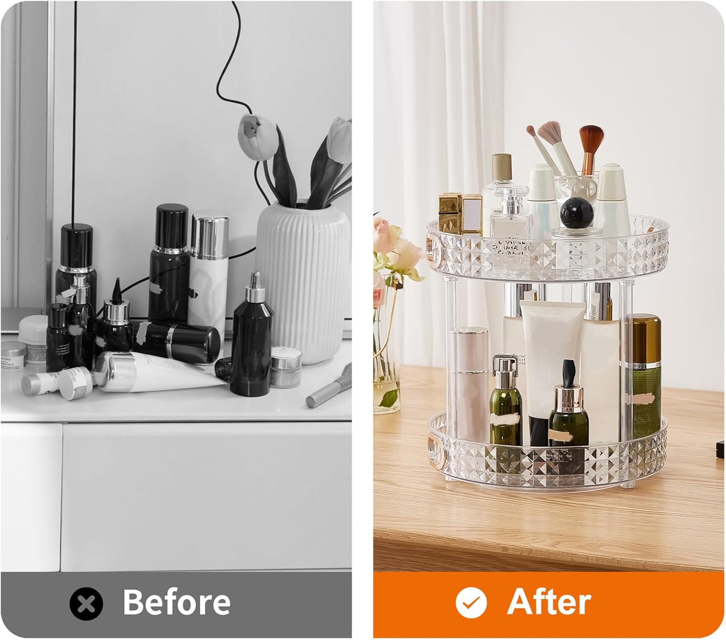 360° Rotating Makeup Organizer, 2 Tier Large Perfume Organizers with Portable Handle for Vanity Bathroom Countertop, Bathroom Counter Organizer for Cosmetics Skincare Perfume