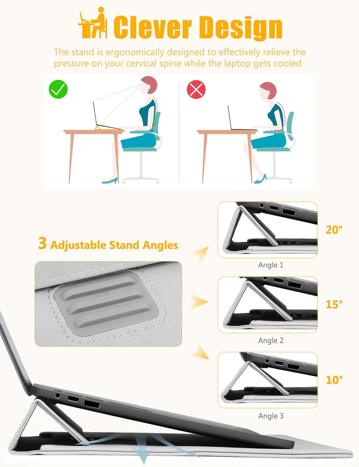 HYZUO 13.3-14 Inch Laptop Sleeve Case Bag with Adjustable Stand for MacBook Pro 14 M5/M4/M3/M2/M1 Pro/Max 2026-2021, MacBook Air/Pro 13.3, 13.8-13.5 Surface Laptop, with Pouch, Light Gray