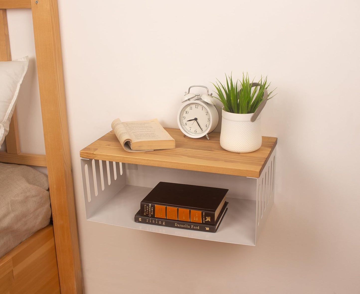 Floating Nightstand with White Metal Base, Wooden Top and Sturdy Metal Base, Minimalist Bedside Table, Wall Mounted Shelf, Bedside Shelf (Madrid)