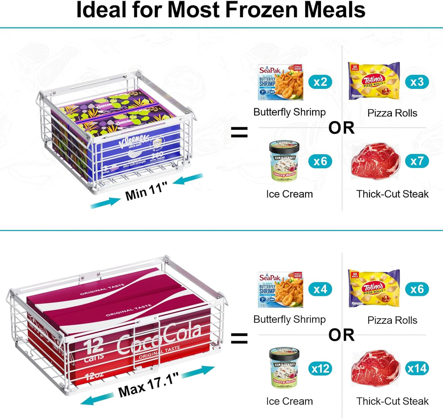 iSPECLE Freezer Organizer Bins - Fit 10 to 20 Cu.FT Deep Freezer, 4 Pack Large Expandable Stackable Chest Freezer Organizer Sort Frozen Food and Easily Get with Handle, Improve Air Circulation, White