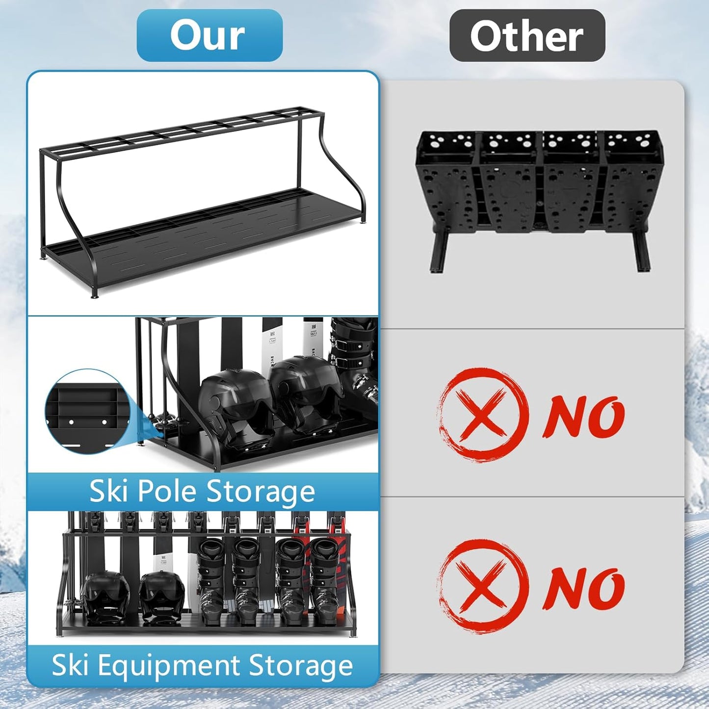 Ski Storage Rack-Holder Garage - Freestanding Ski Equipment Organizer Ski Boot Snowboard Rack Stand Snow Gear Storage