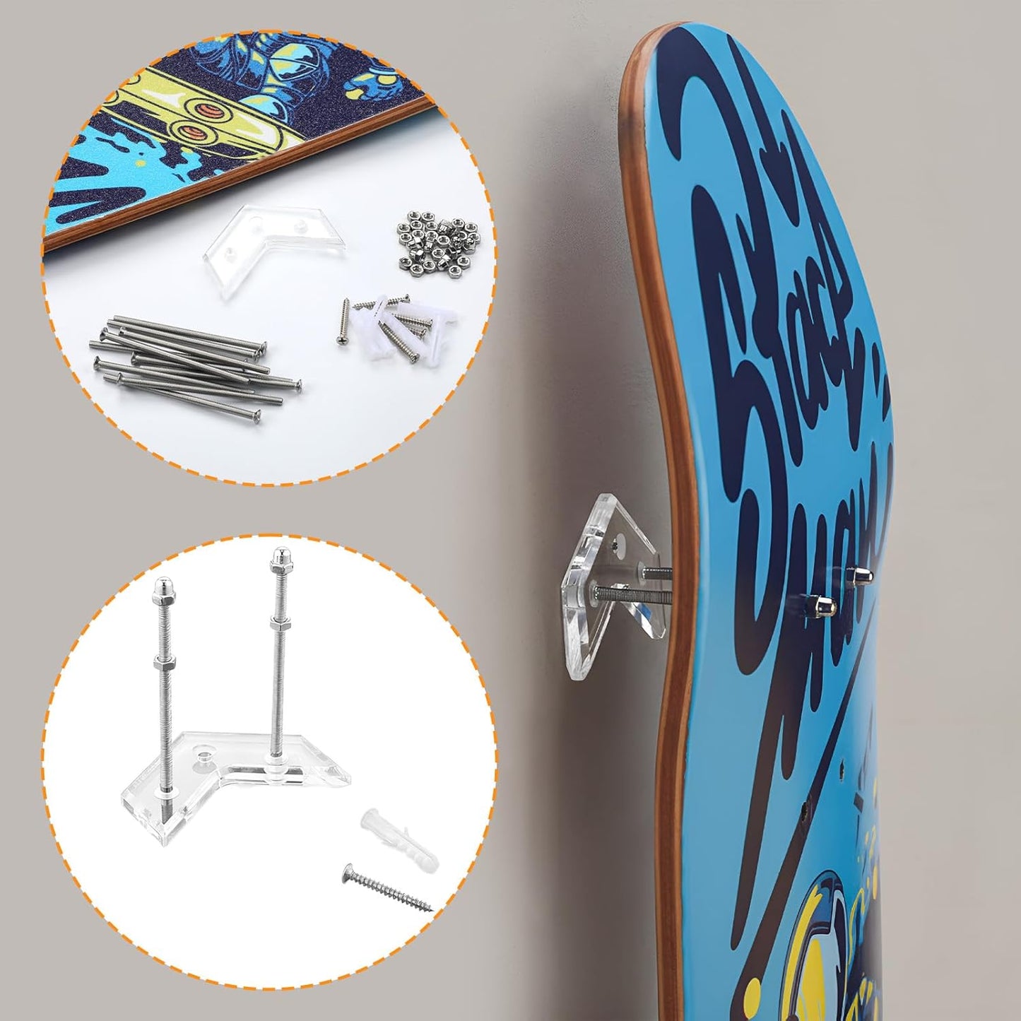 6 Packs Skateboard Wall Mount with Installation Screws Acrylic Floating Skate Deck Stand Skateboard Wall Hanger to Store and Display Long Boards Snowboards