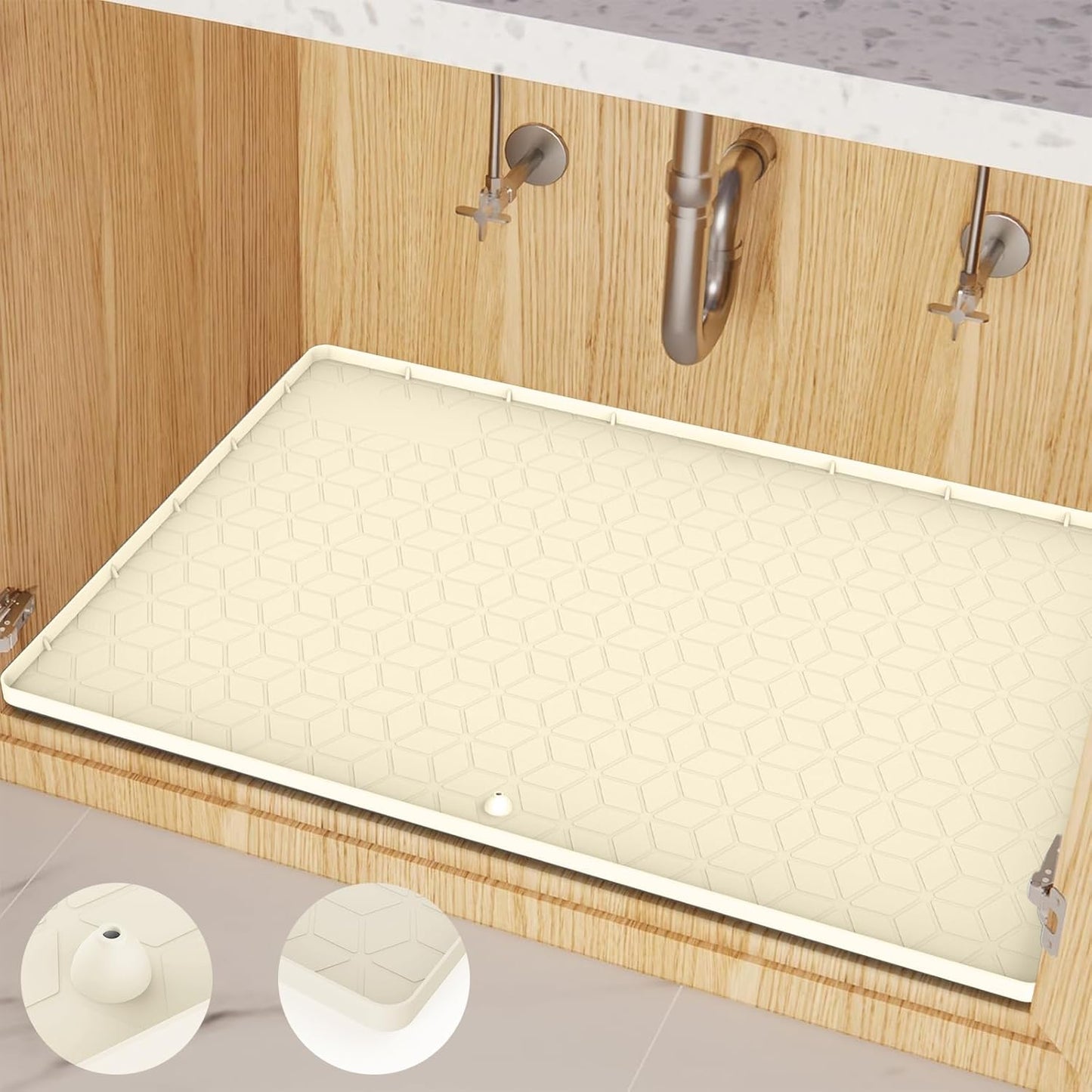 Under Sink Mat for Kitchen Silicone Waterproof Under Sink Liner, Flexible Sink Cabinet Organizer Tray with Drain Hole, Hold up to 3.3 Gallons Liquid, Easy to Clean (Beige, 34X22)