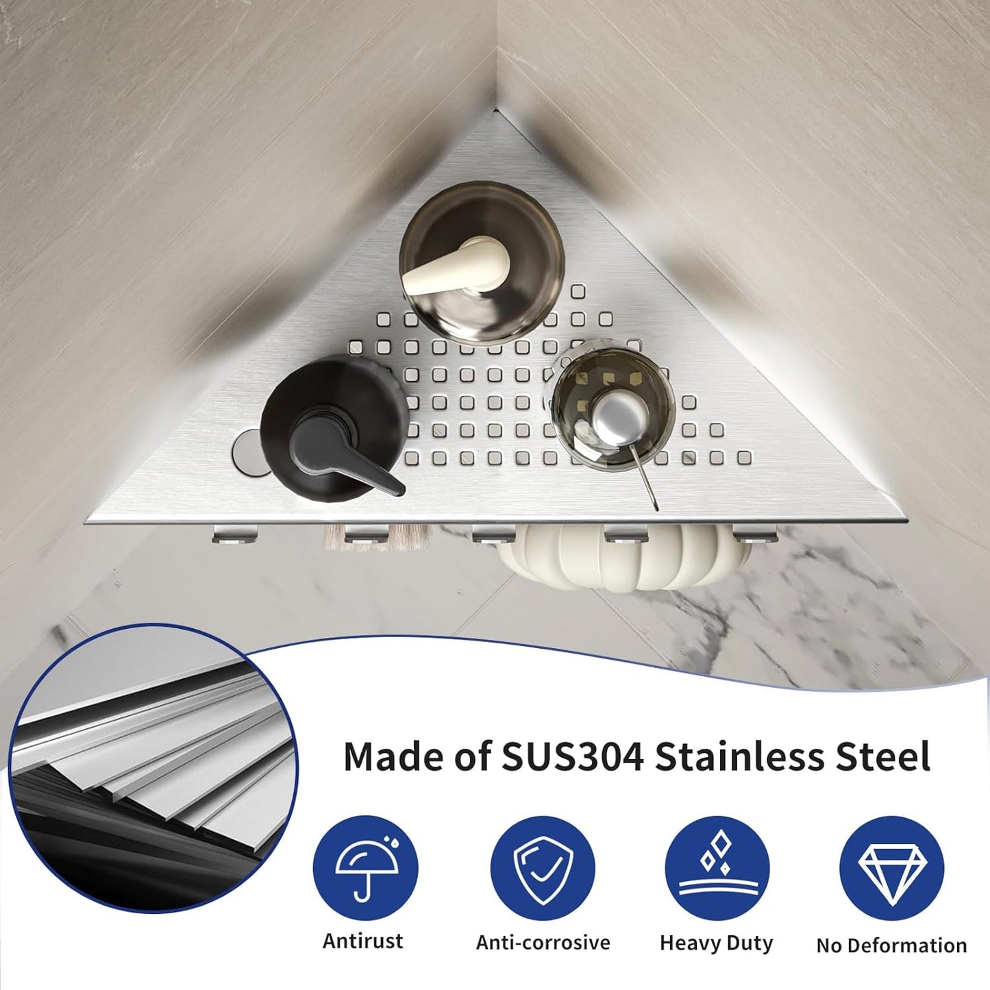 Grout in Shower Shelves with Hooks, 304 Stainless Steel Corner Bathroom Shelf for Tiled Wall (Brushed, 10'' x 10'')
