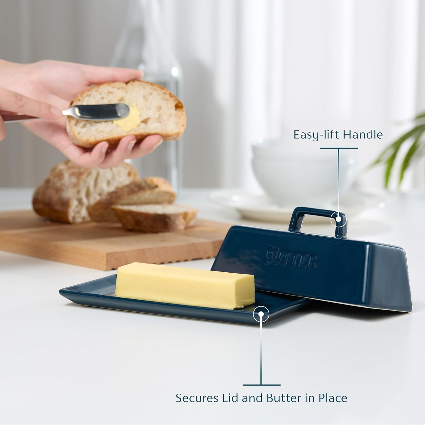 Kook Ceramic Butter Dish with Lid, Kitchen Countertop Butter Keeper, Serving Tray with Cover, Storage Container, Holds 1 Stick, Microwave and Dishwasher Safe, Navy Teal