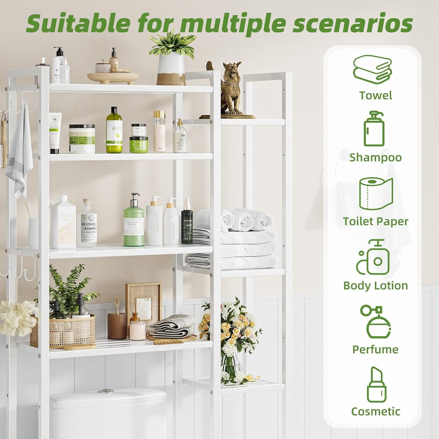 Simple Trending 8 Tier Over The Toilet Storage with Side Rack, Bathroom Organizer Metal Shelves for Towels, White