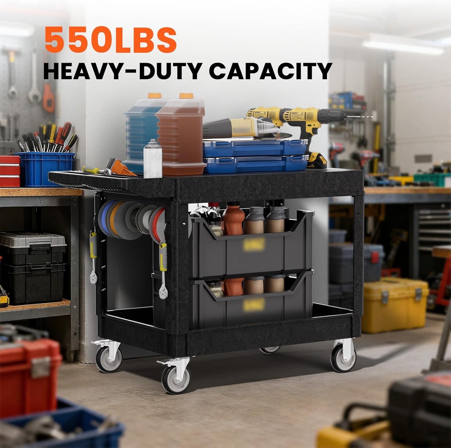2 Tier Plastic Rolling Utility Cart on Wheels, Heavy Duty Tool Cart with Deep Shelves and 360° Swivel Wheels Holds up to 550 lbs, Service Cart for Garage, Warehouse, Cleaning (Black-L-Flat Top)