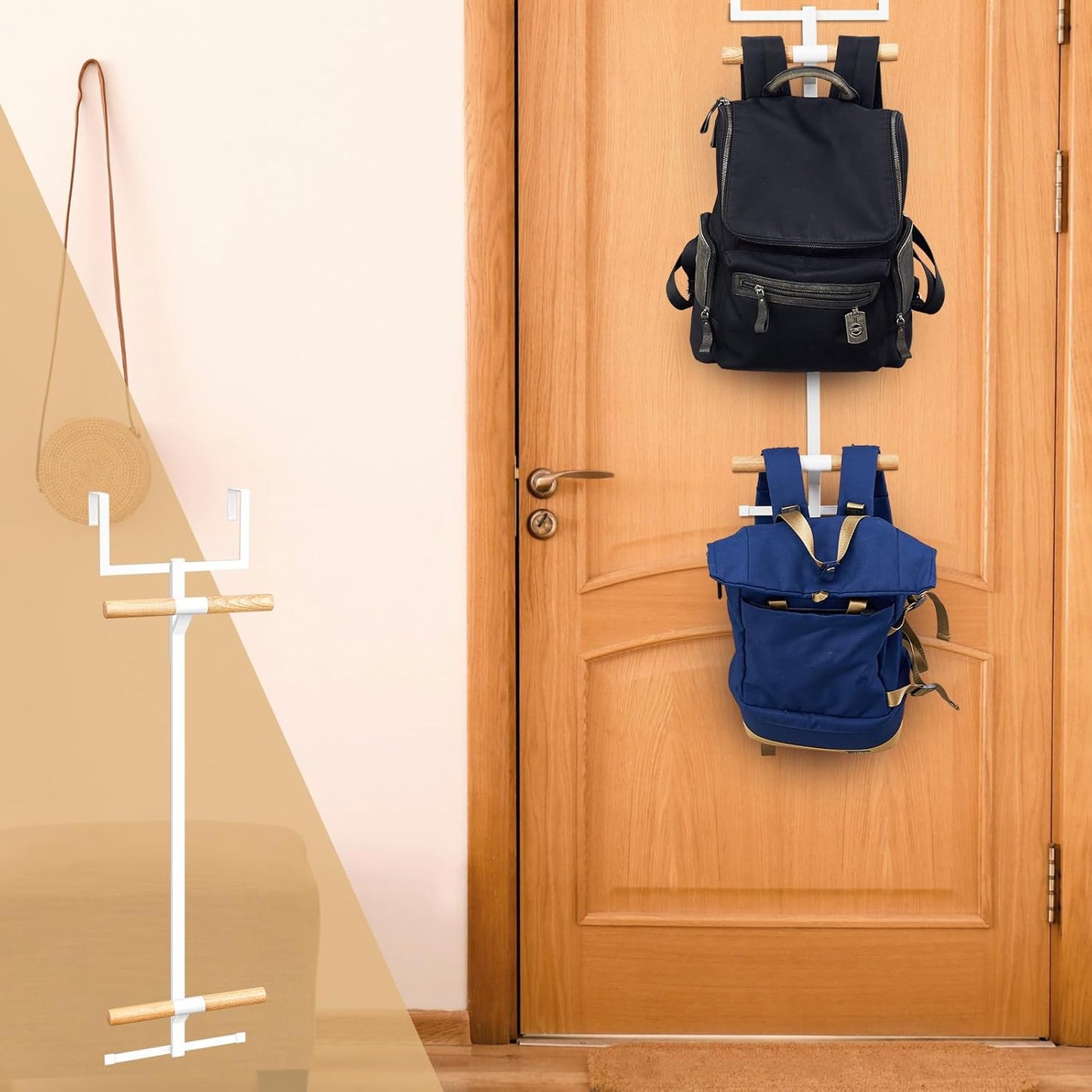 Over The Door Backpack Hanger, Backpack Hanger for Closet, Two Tiered Metal Storage Rack Backpacks Hooks, Heavy Duty Hook Storage for Schoolbag, Easy Installation(White,1)