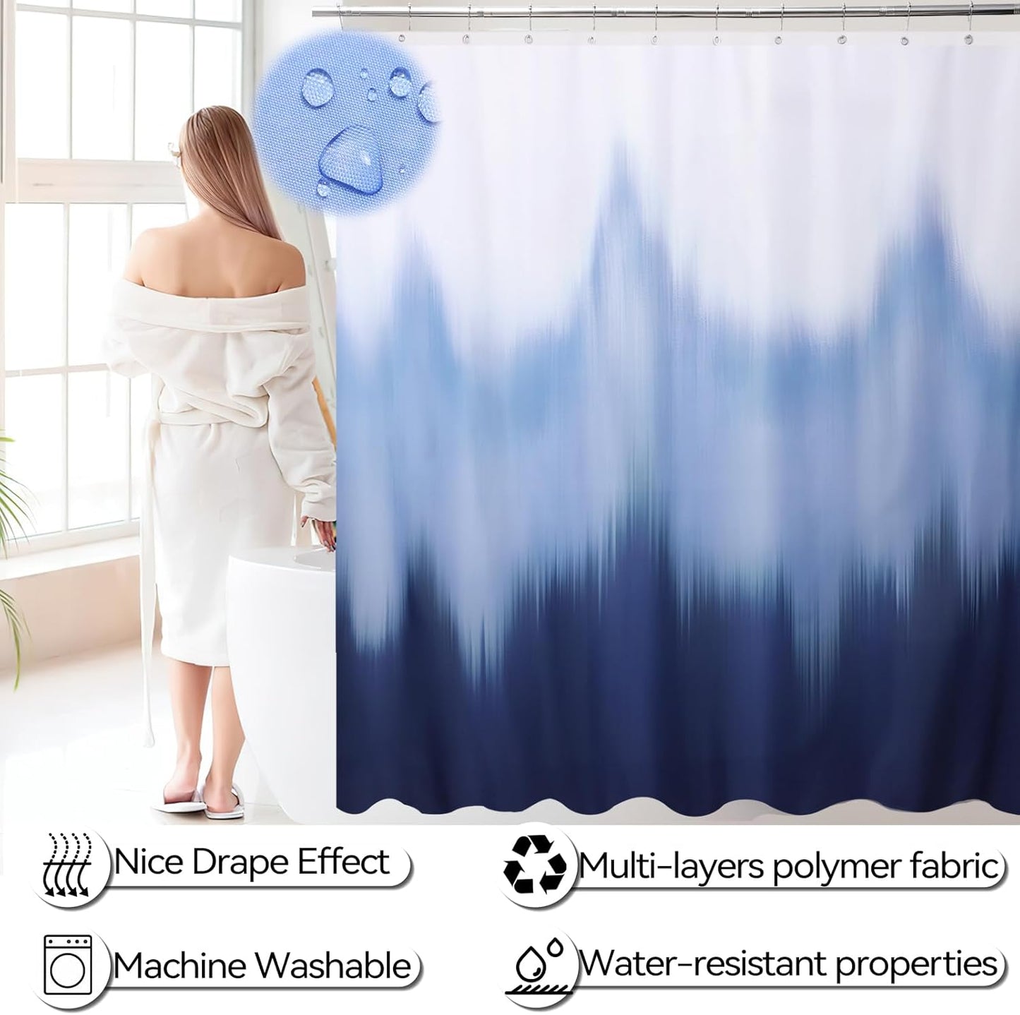 iMucci Bathroom Accessories Navy Blue Bathroom Sets with Shower Curtain and Rug, Navy Blue Ombre Waterproof Shower Curtain with Ultra Absorbent Rug Bathroom Accessories Set for Home Decor