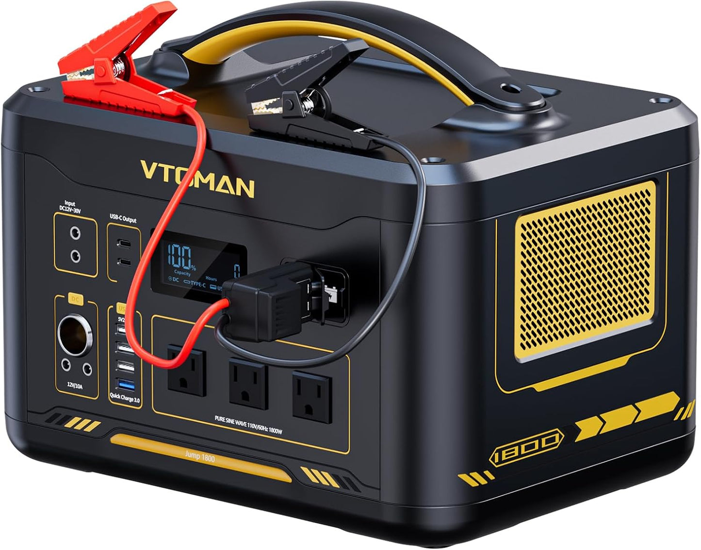 VTOMAN Jump 1800 Portable Power Station with Jumper Cables, 1548Wh LiFePO4 Battery Solar Generator & Car Jump Starter, 1800W 3xAC Outlets, 2xPD 100W Type-C, Large Capacity for Camping Roadside Rescue