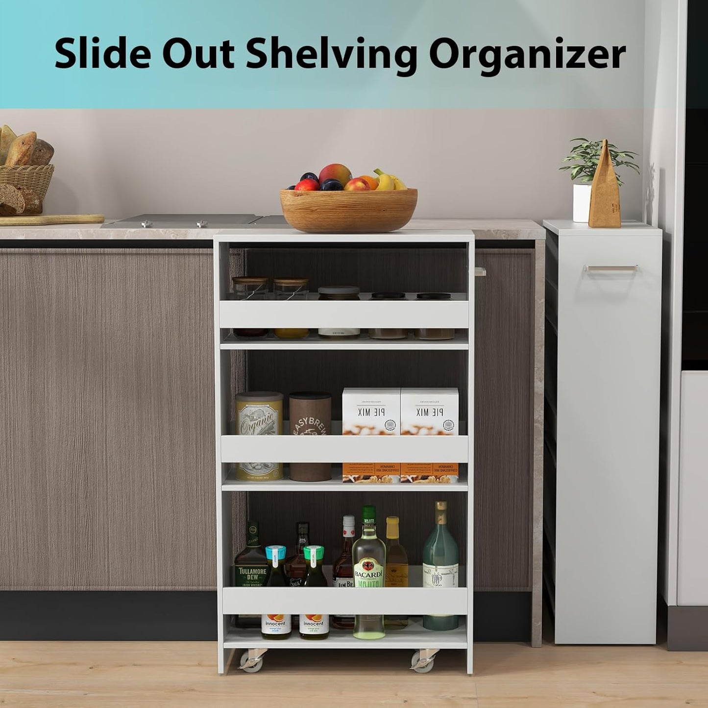 POWERSTONE 4-Tier Slim Storage Cart, Narrow Kitchen Rolling Cart w/Handle & Open Shelves, Skinny Slide Out Utility Organizer Trolley for Kitchen Bathroom Laundry Small Spaces White