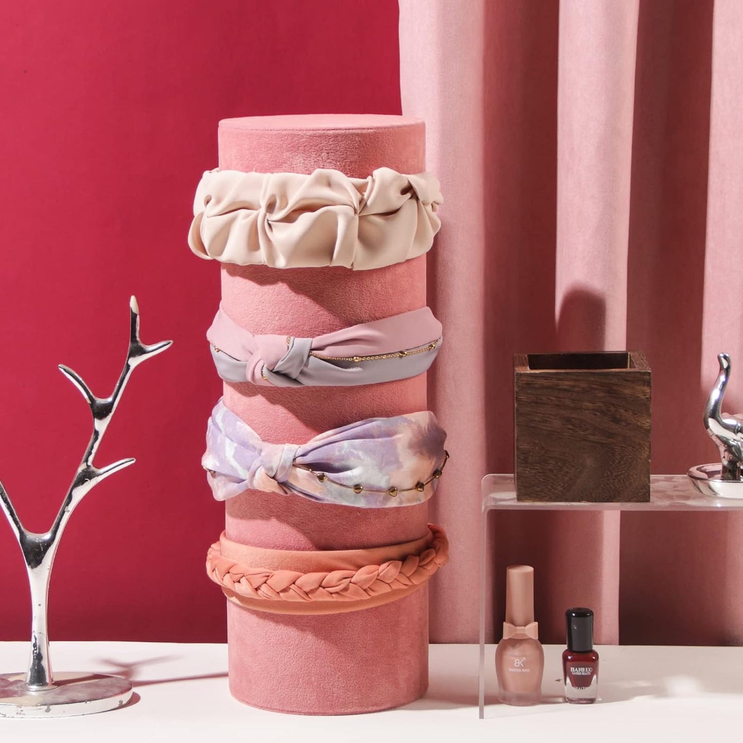 Headband Holder Organizer, Soft Velvet Tower Hairband Stand Display, Vertical Hair Hoop Accessories Jewelry Storage for Women Girls (Peach Velvet)