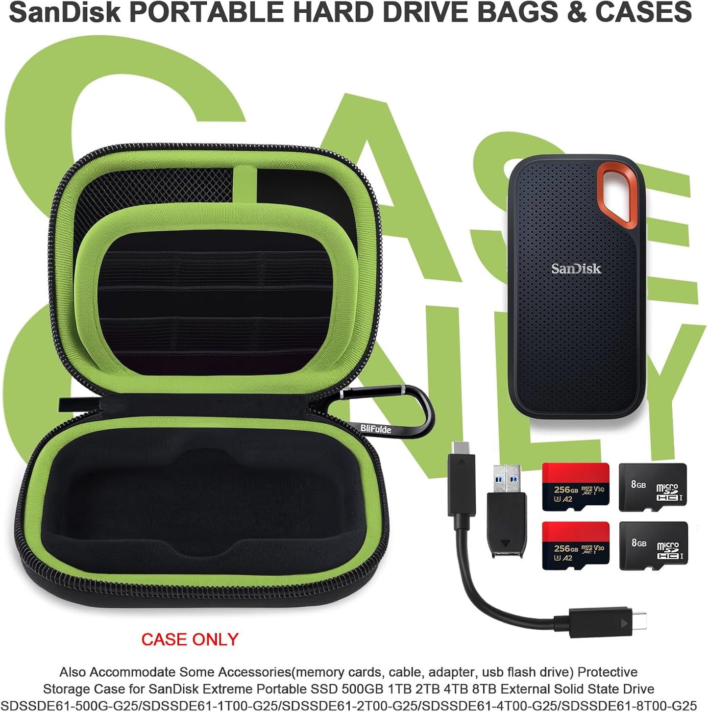 Hard Case for SanDisk Extreme Portable SSD 500GB 1TB 2TB 4TB 8TB External Solid State Drive Case -Custom-Insert Shockproof Protective Storage Travel Bag for SSD SD Card Holder (Green)