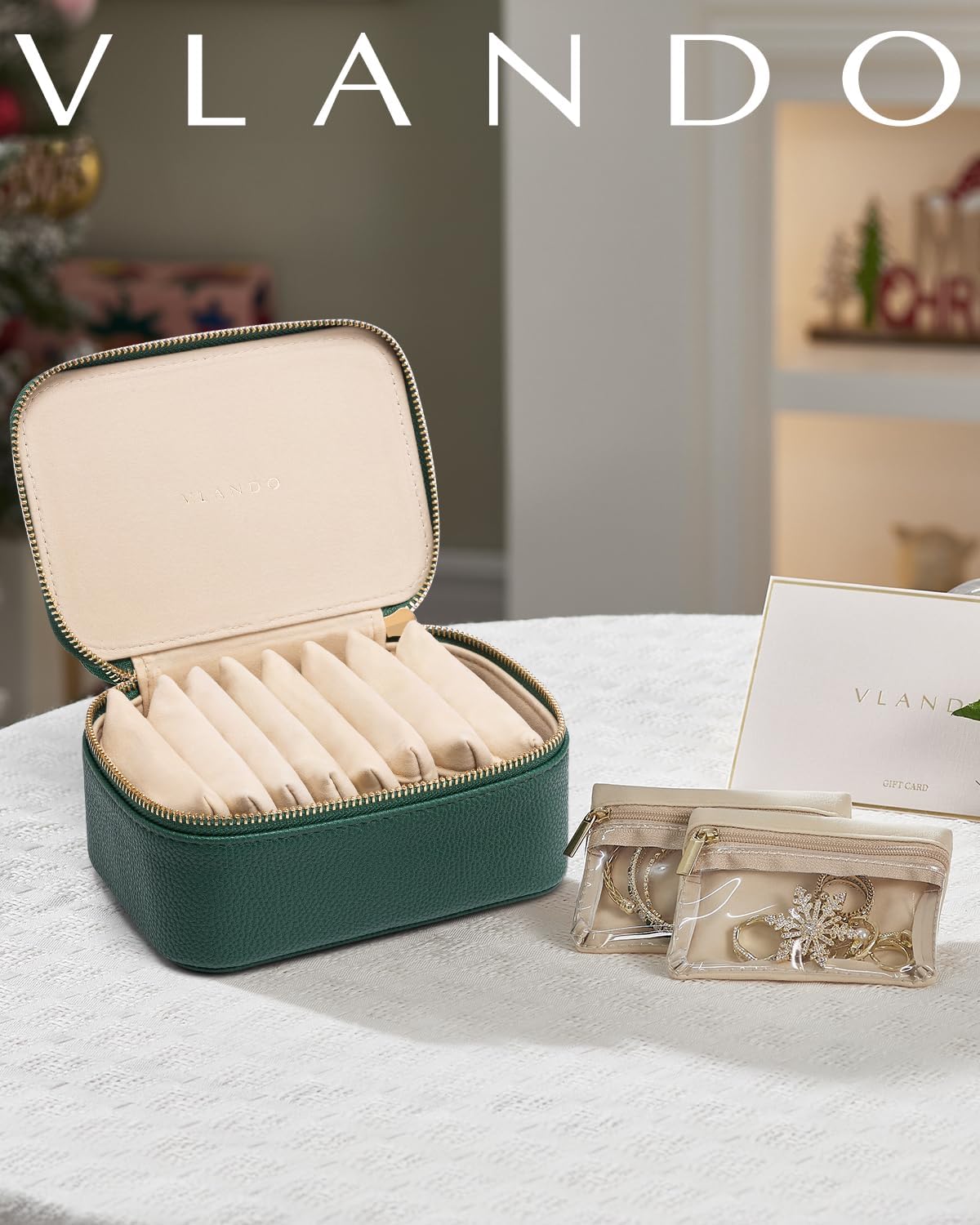 Vlando Jewelry Box with 8 Velvet Jewelry Bags Travel Jewelry Storage Box Petal Hardware Jewelry Organizer for Necklace Rings Earrings Women Gifts for Christmas Birthday-Green
