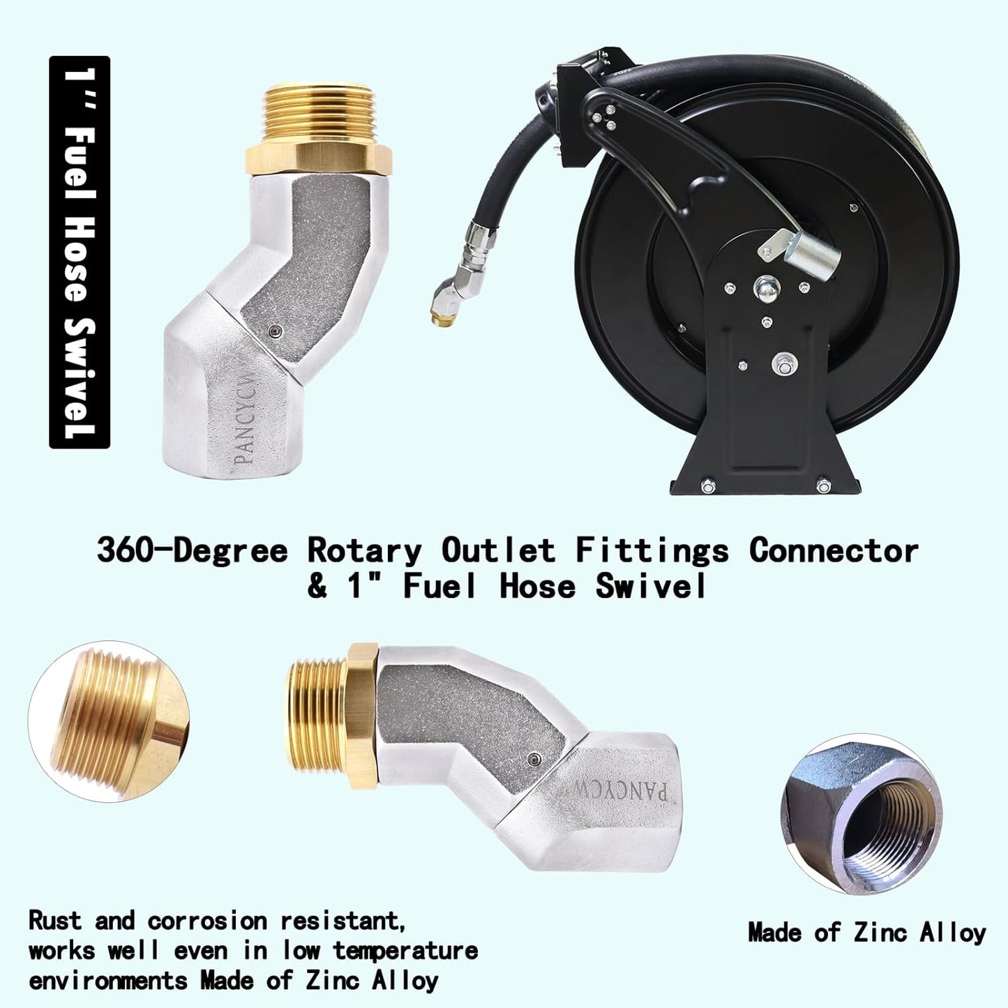 Fuel Hose Reel,1"X50' Retractable Ratchet Spring Driven Diesel Hose Reel,360 Rotating Fuel Hose Swivel,AUTO Fuel Nozzle,SS304 Elbow Pipe,Barb Fitting,300 PSI,Swivel Steel Construction Reel