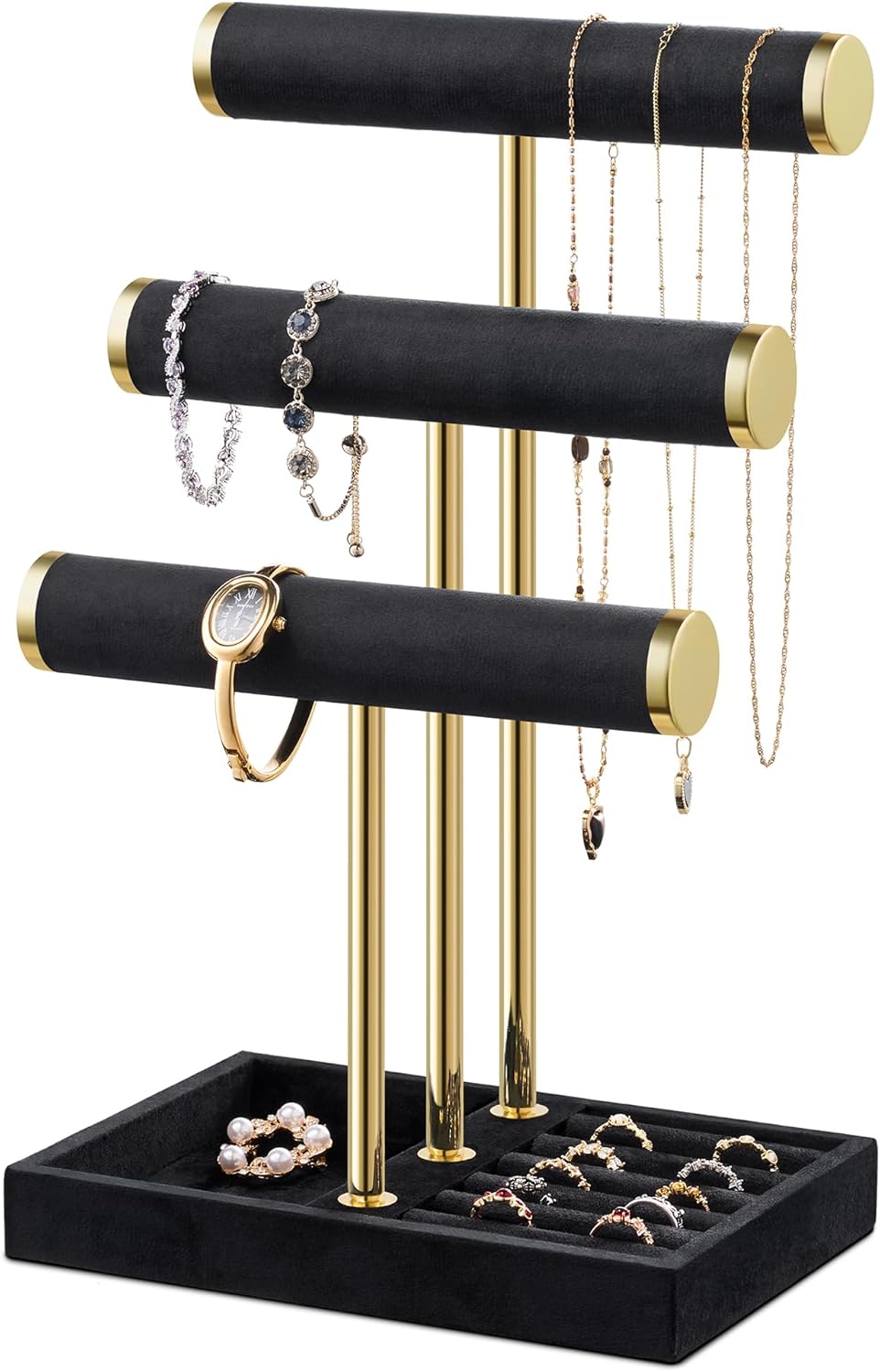 Bracelet Holder Jewelry Organizer Display - 3 Tier T Bar Velvet Stand, Black Jewelry Storage for Bracelet, Necklaces, Earrings, Watches