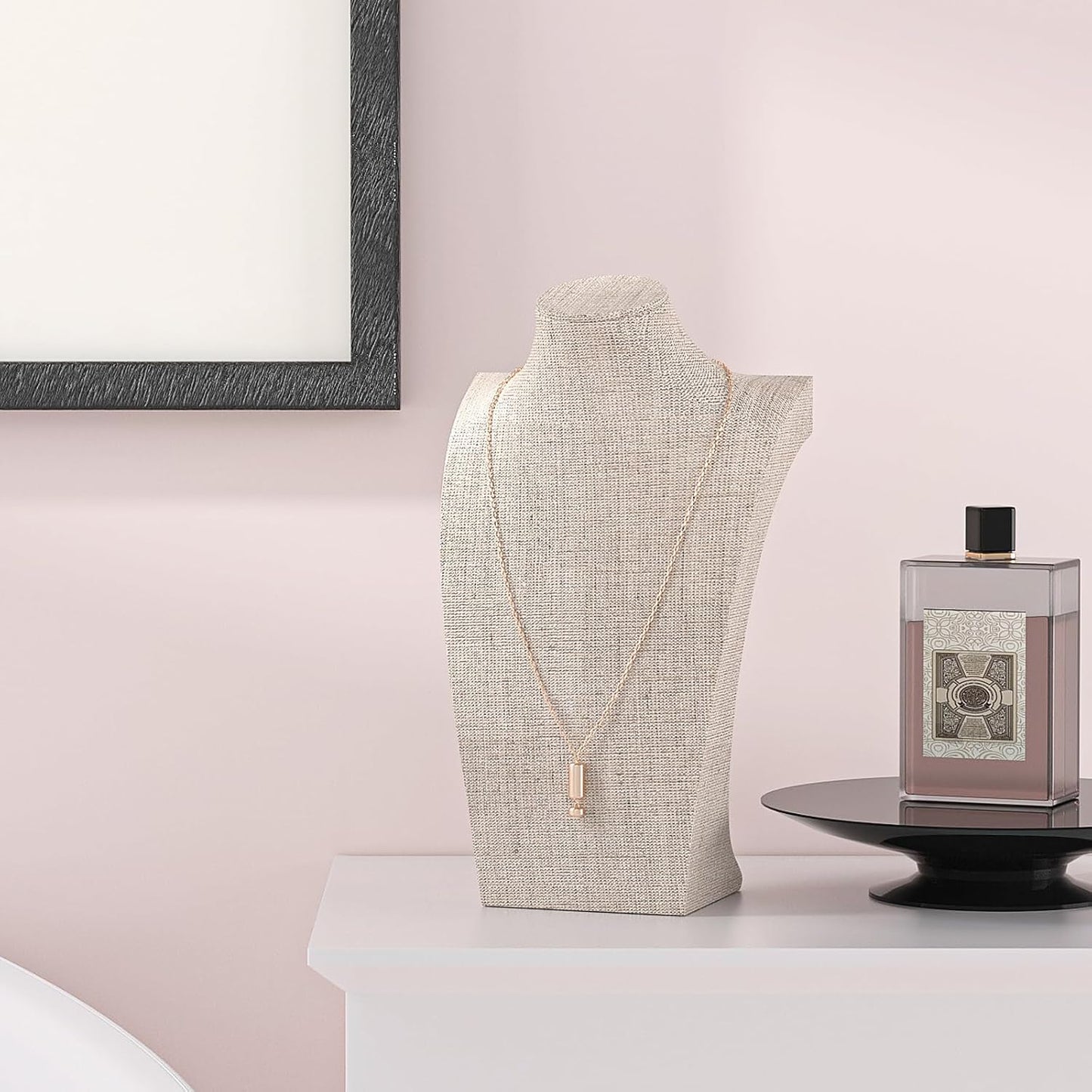 Necklace Bust Display Stand, Necklace Holder, Pendant Chain Necklace Organizer for Women (Yellow Linen, S 4PCS)