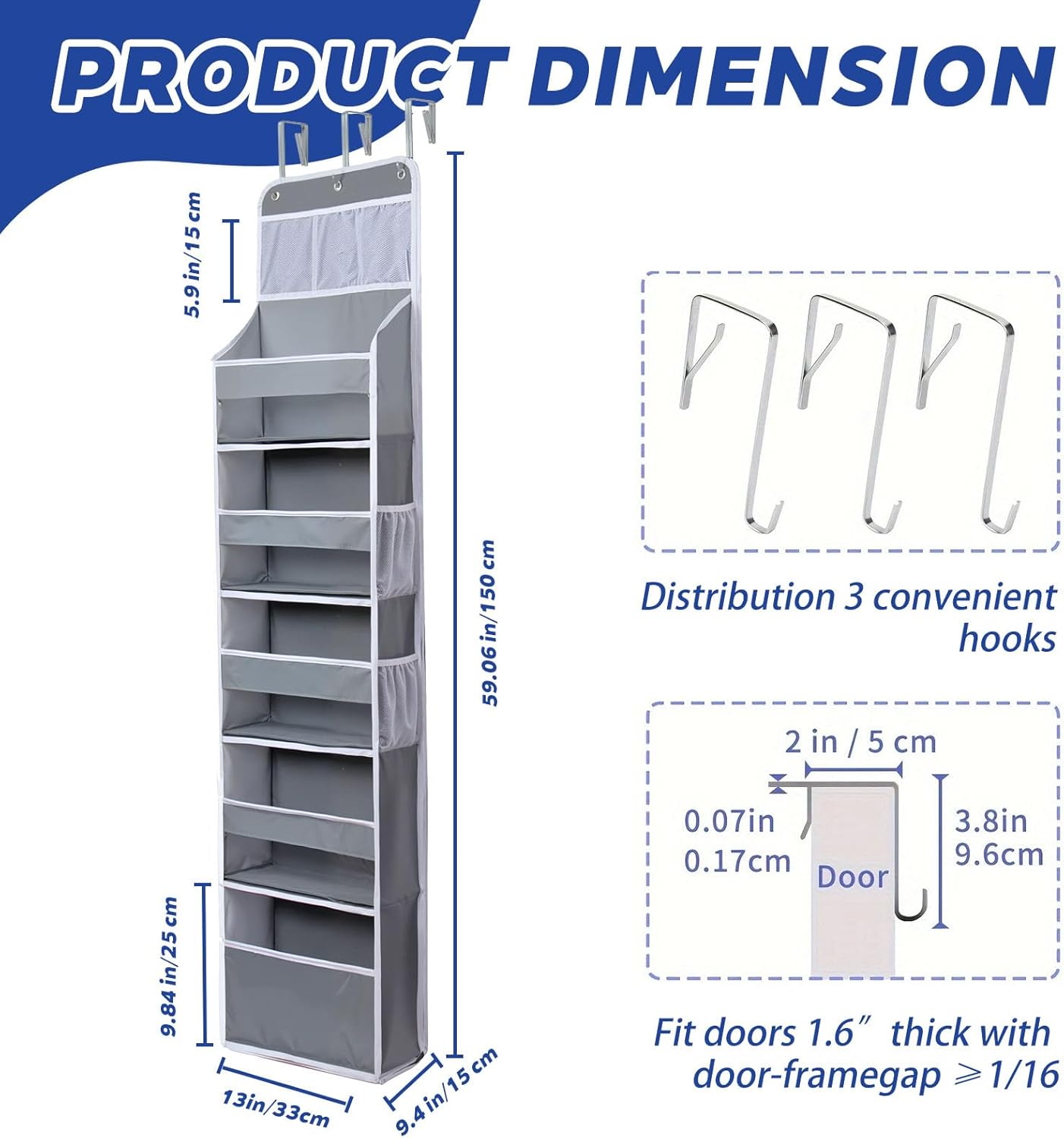 Over The Door Organizer 6 Tier with 12 Pockets & Reinforced Hooks - 59" Hanging Storage Organizer for Bathroom, Nursery, Pantry & Laundry (Light Grey)