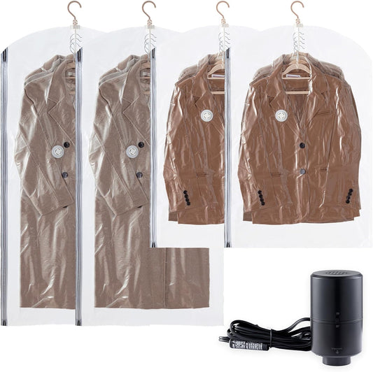 TAILI Hanging Vacuum Sealer Storage Space Saver Bags with Electric Air Pump for Clothing, for Coats, Closet Organizers, 2 Long 2 Short Clear