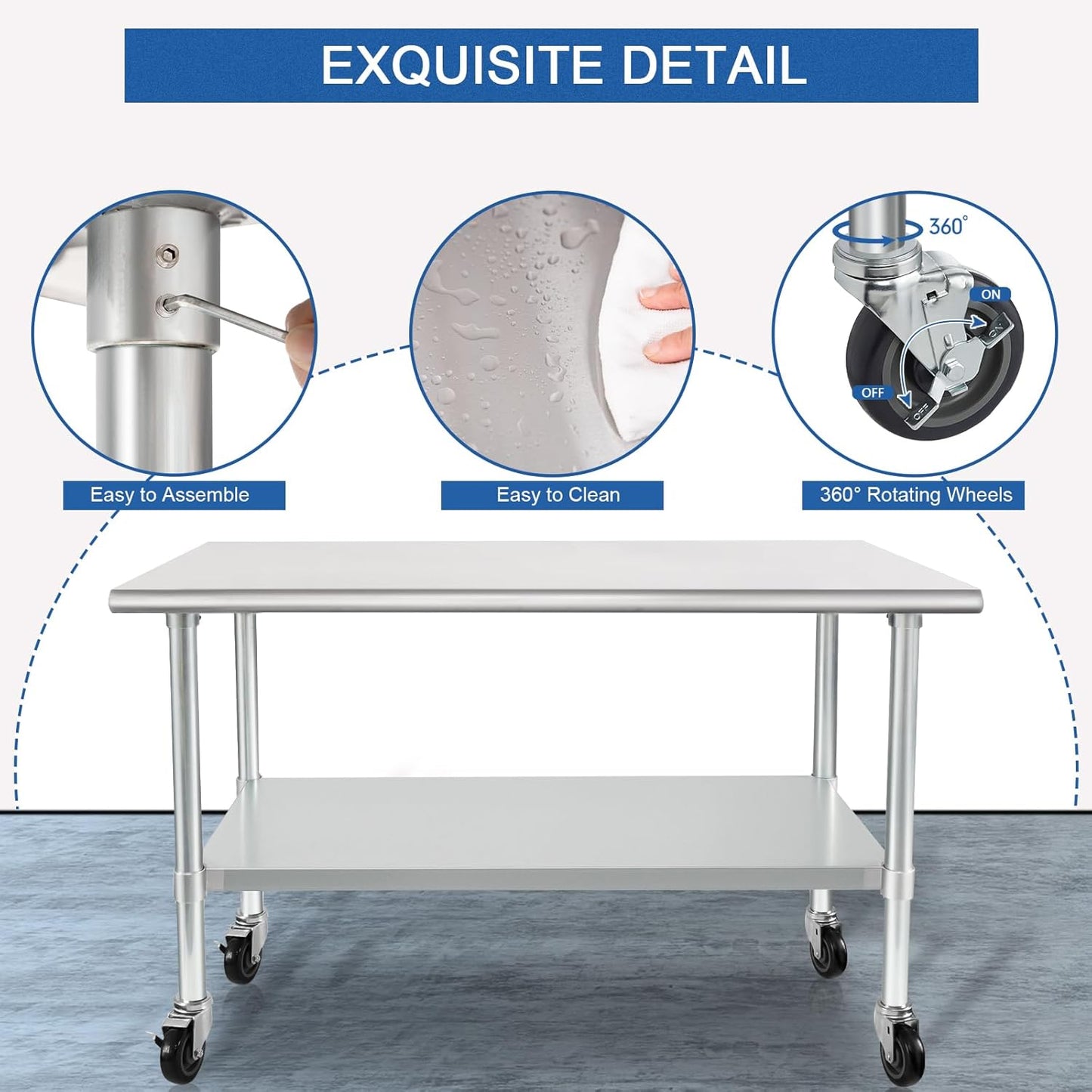 HARDURA Stainless Steel Table with Wheels 30 x 48 Inches Casters NSF Heavy Duty Commercial Work & Prep Table with Undershelf and Galvanized Legs for Restaurant Kitchen Bar and Hotel Garage