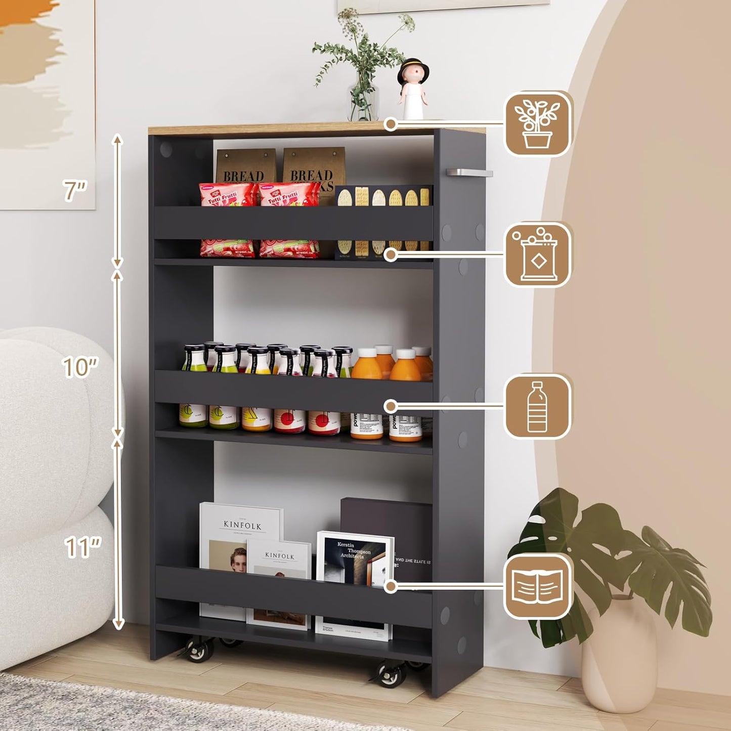 Slim Rolling Storage Cart, 4 Tier Narrow Kitchen Cart with Wheels, Between Washer and Dryer Cart, Wood Shelving Unit Organizer w/Handle for Small Spaces (Grey & Natural, 8-Inch)
