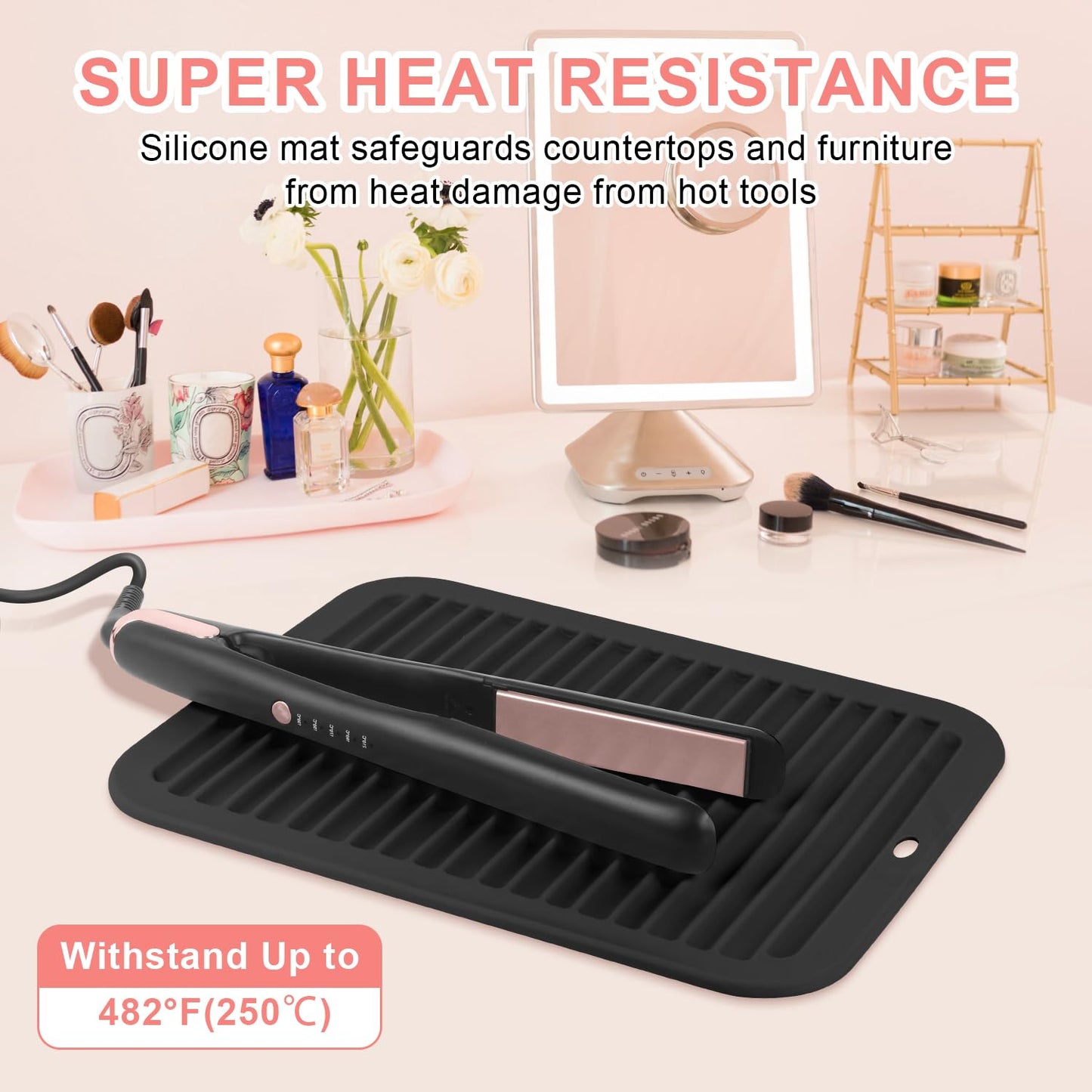Large Silicone Heat Resistant Mat, Professional Hot Hair Tools Mat for Curling Iron, Flat Iron, Hair Straightener, Portable Hot Pad Cover with Velcro for Travel Home Salon(11.8" x 9.0")