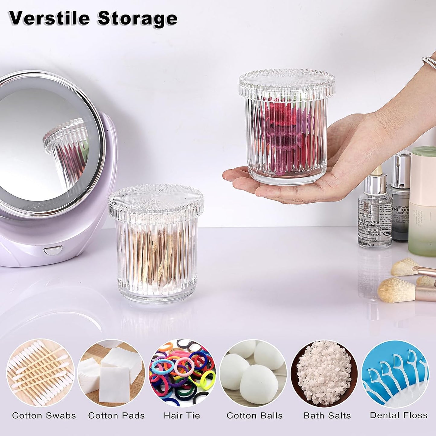 2 Pack Glass Qtip Holder with Lid, Qtip Dispenser Bathroom Storage Jars- Glass Apothecary Jars for Cotton Ball, Swab, Pads, Floss Picks, Bathroom Accessories Organization and Vanity Organizer(Clear)