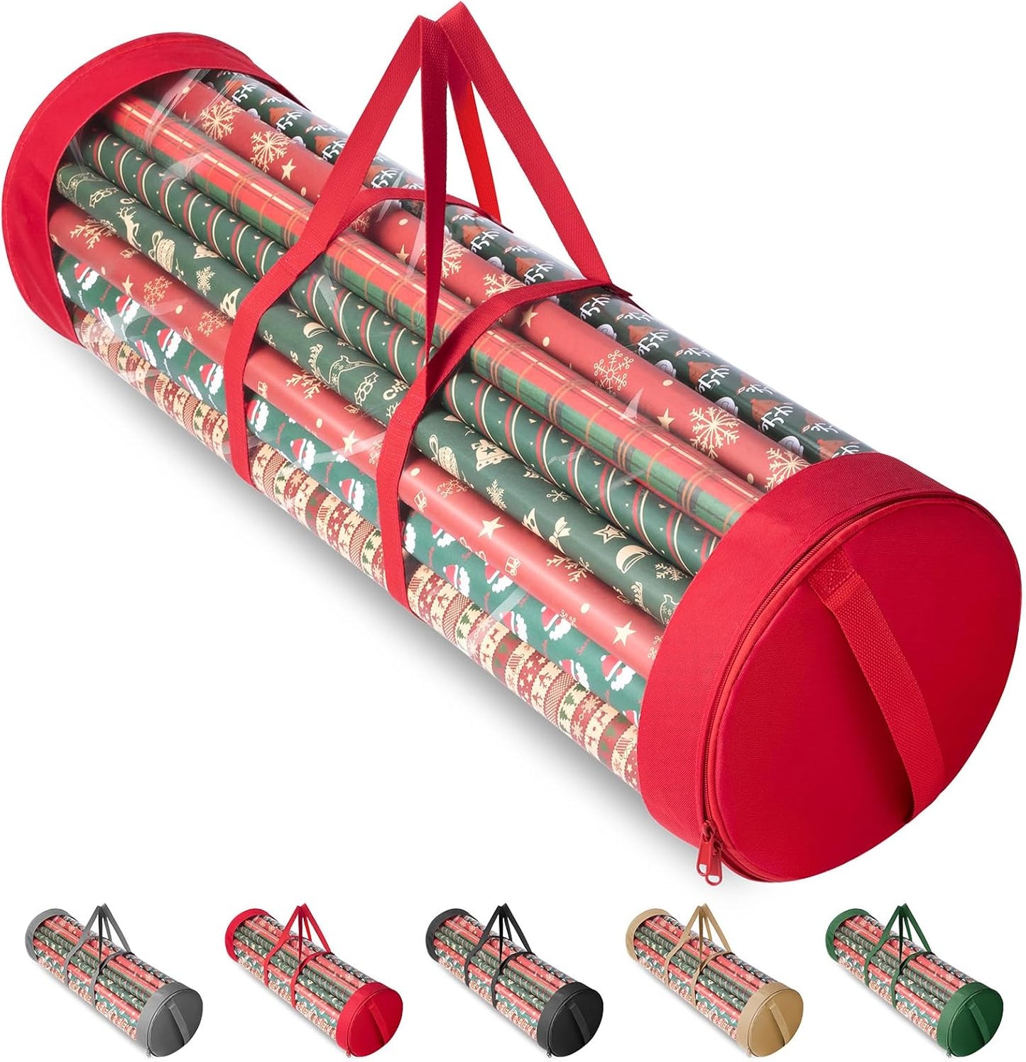 BALEINE Christmas Wrapping Paper Organizer Storage, 41" Gift Wrapping Paper Storage Containers, Clear PVC with Durable 600D Oxford Fabric Gift Wrap Paper Holder Fits 18-25 Rolls, Red