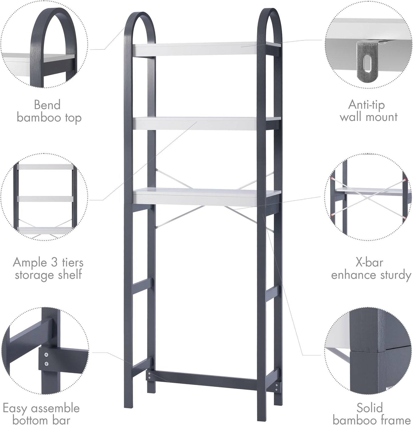 Spirich Over The Toilet Storage Shelf, 3-Tier Over Toilet Bathroom Organizer, Space-Saving Above Toilet Storage Shelf Rack with Bamboo Frame, Gray