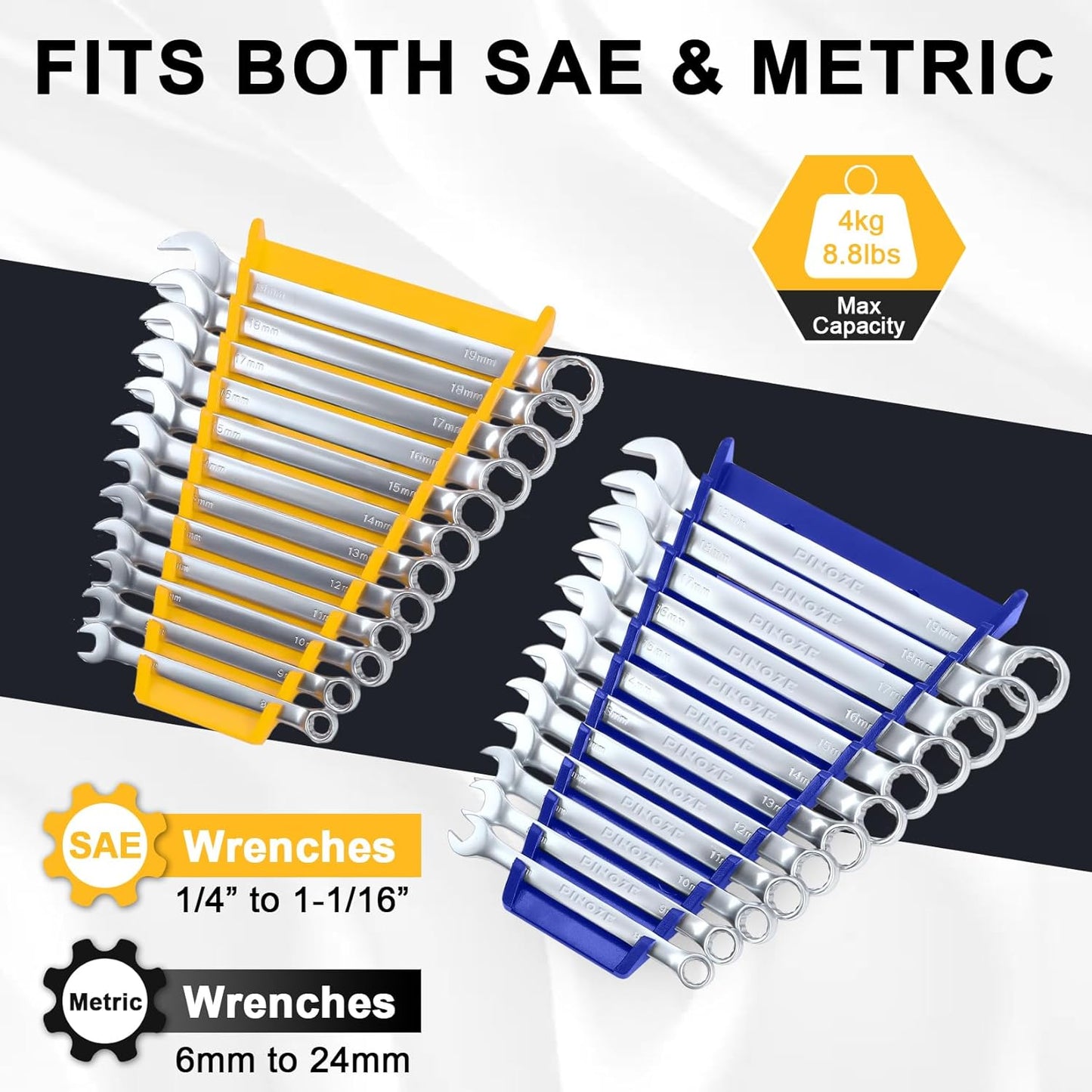4-Pack Magnetic Wrench Organizer, 48-Slot Wrench Rack Tool Trays, Durable ABS Wrench Holder for Tool Box Drawer Chest, SAE (1/4" to 1-1/16") & Metric (6 to 24mm), Yellow/Blue