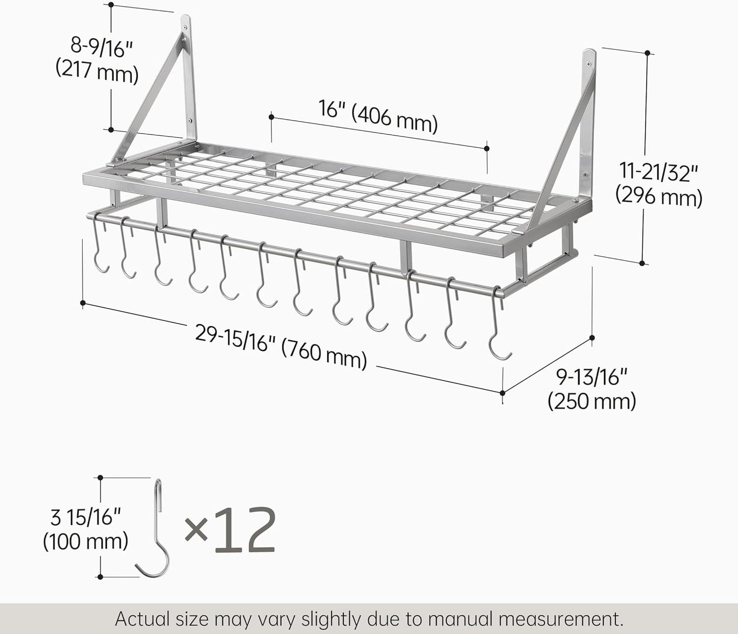 KES 30-Inch Silver Gray Pot Rack, Wall Mounted Hanging Pot and Pan Organizer with 12 Sturdy Hooks, Kitchen Wall Hanger Shelves Modern, KUR215S75A-SG