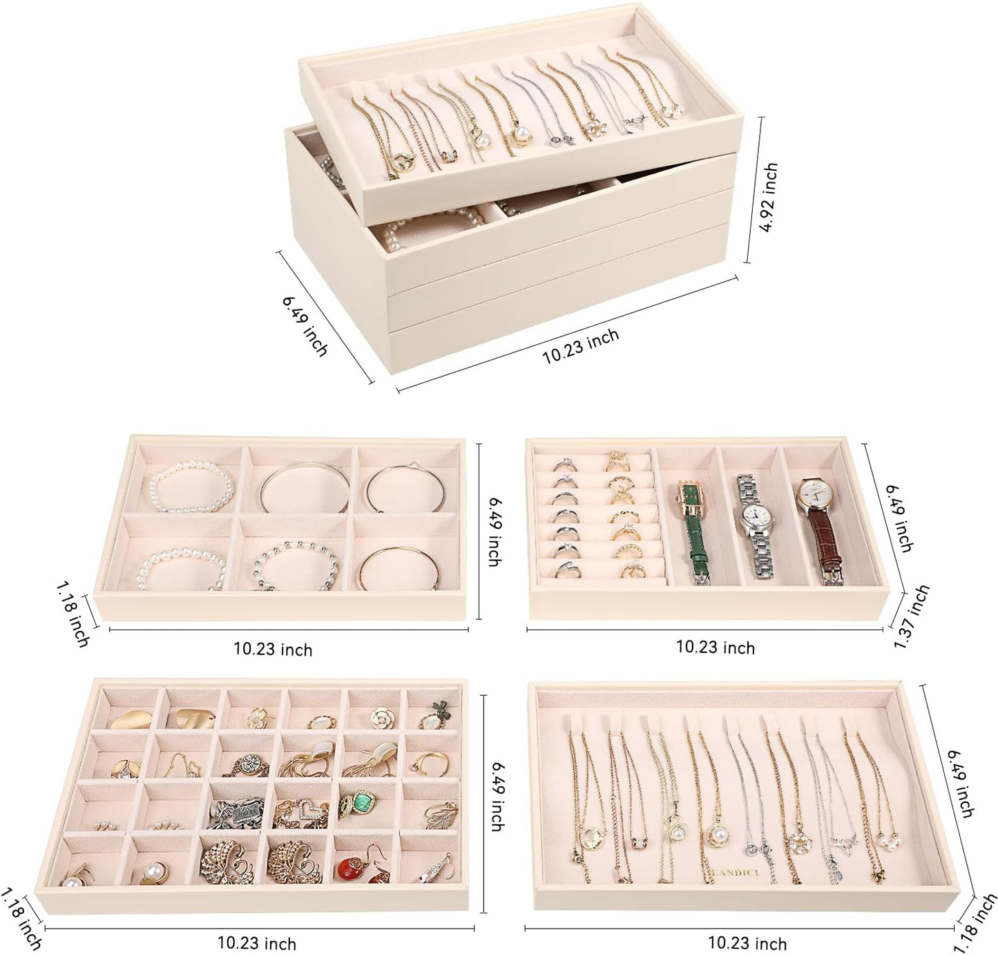 LANDICI Stackable Jewelry Organizer Trays 4 Set,PU Leather Jewelry Organizer Drawer,Jewelry Storage Display Tray for Earring Necklace Rings Bracelet with Removable Dividers,Apricot