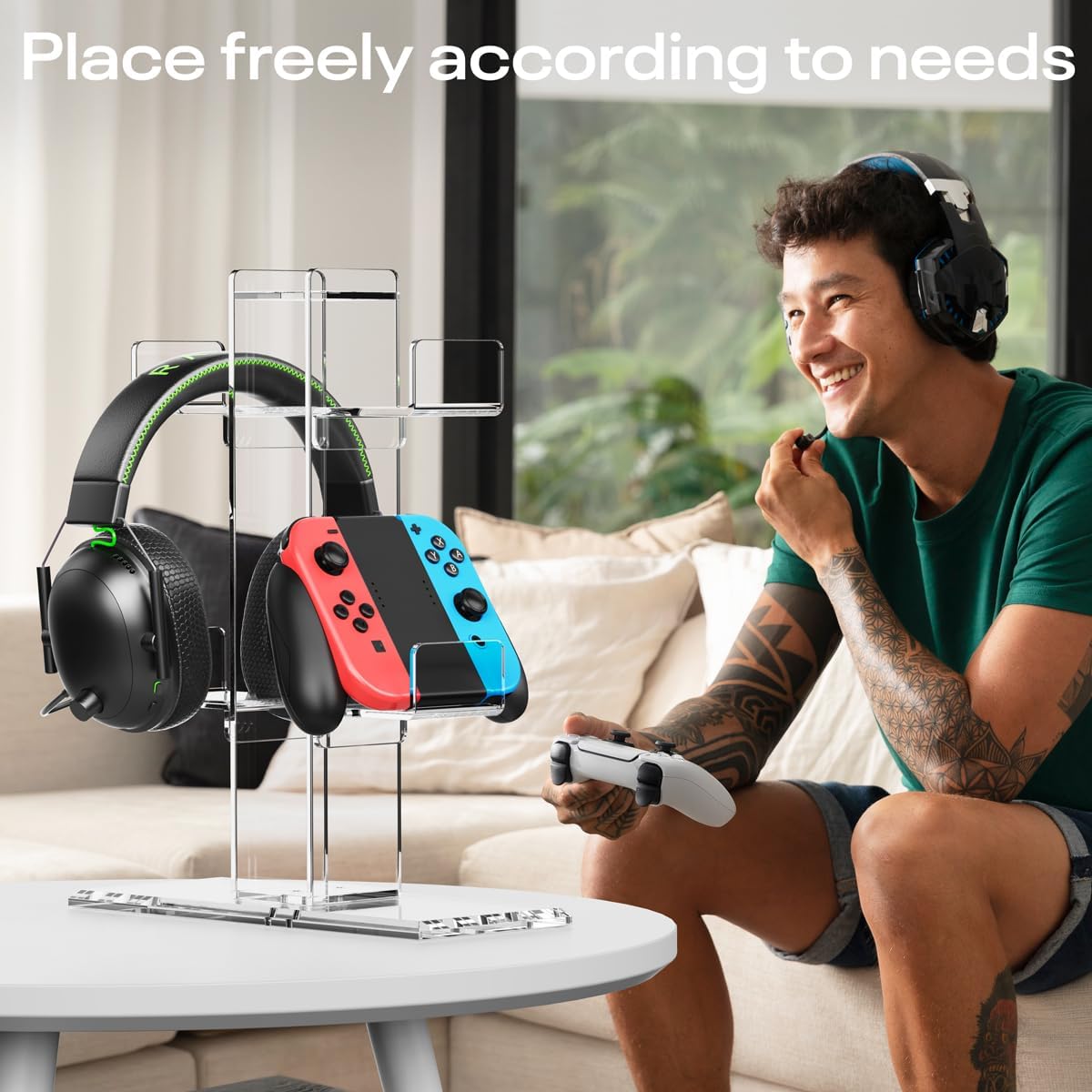 Crpich Acrylic Controller Stand, 3-Tier Headphone and Game Controller Holder with 5 Slots, Clear Desk Organizer for Xbox, PS5, PS4, Switch and More