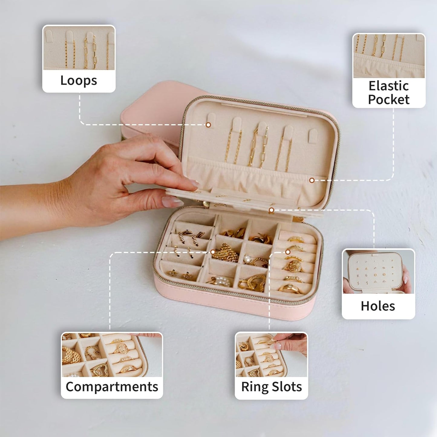 Small Travel Jewelry Box Organizer for women & Girls, Portable Small Travel Jewelry Case Organizer for Traveling, PU Leather Mini Box for Earrings, Necklaces, Rings, Bracelets - Pink