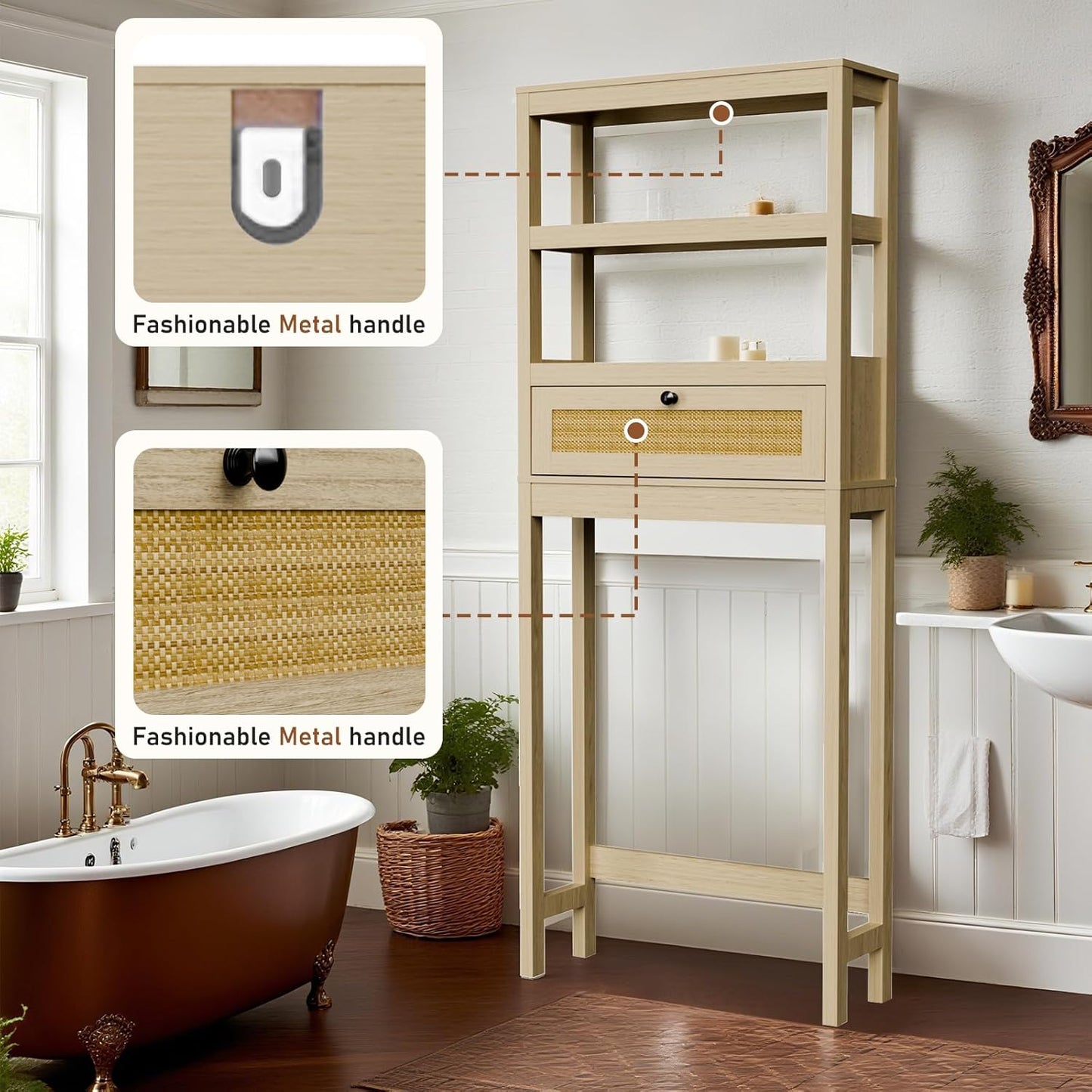 Over The Toilet Storage Cabinet, 3-Tier Behind Toilet Bathroom Organizer, Wooden Above Toilet Storage Shelf with Rattan Door, Space Saver for Restroom, Bathroom, Laundry