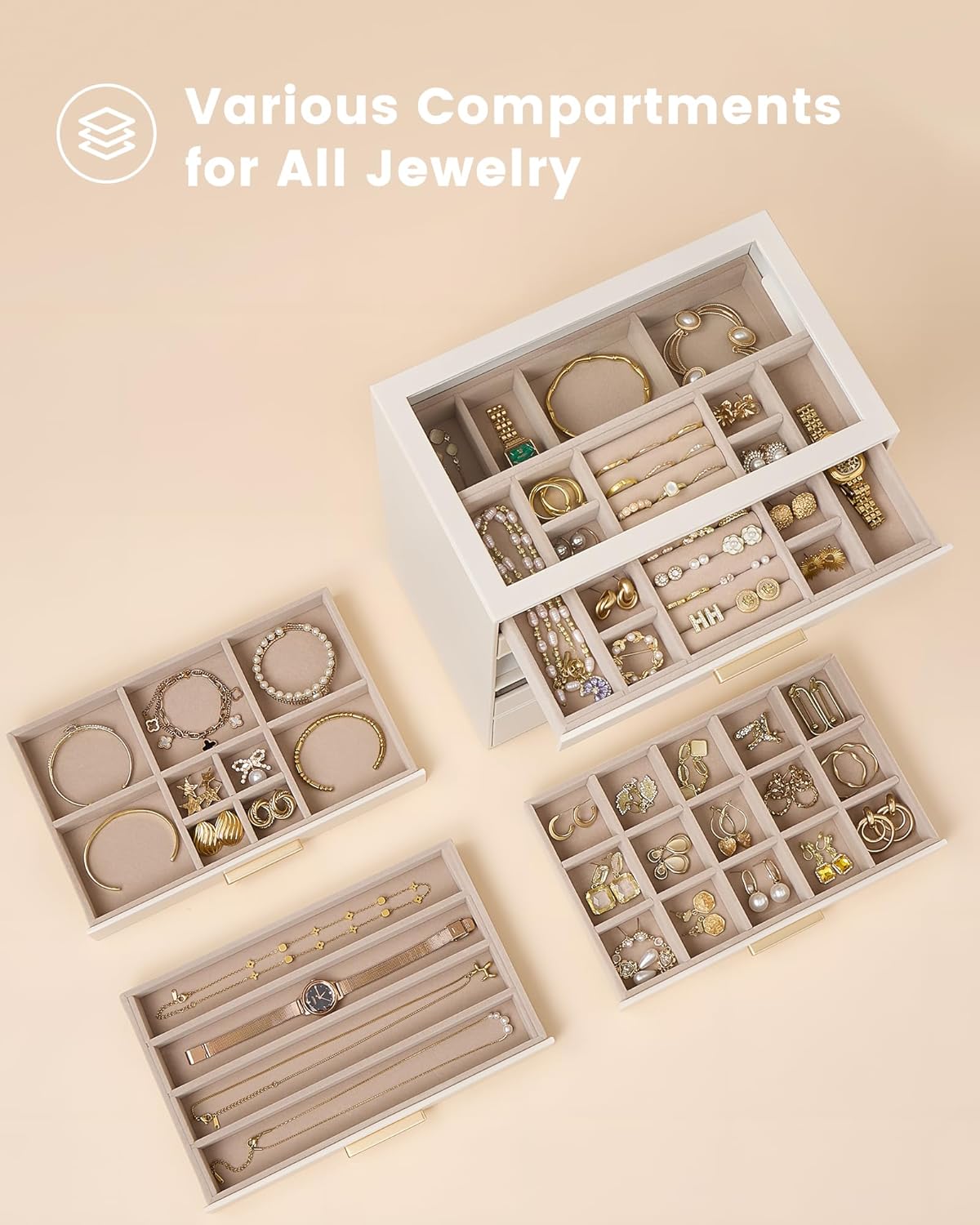 Lolalet Jewelry Box Organizer, 8-Layer Jewelry Organizers and Storage Case with Glass Lid, Ring Earring Bracelet Necklace Holder Organizer, Birthday Christmas Gifts for Women Girls -8Layer, Beige