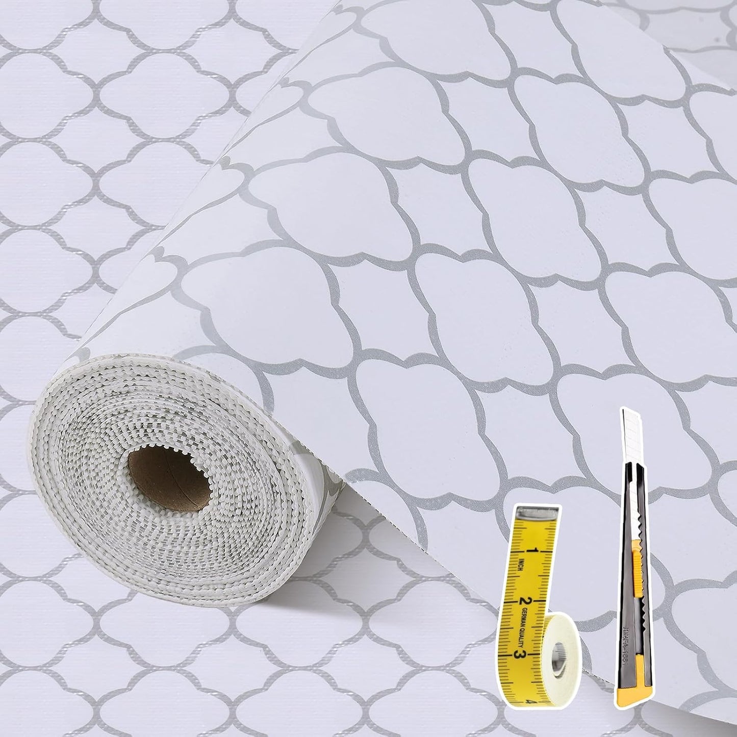 Shelf Liners for Kitchen Cabinets 23.6in x 30FT Non Adhesive Drawer Liner Silver Quatrefoil Shelf Liner Paper Strong Non-Slip Easy to Clean for Tool Box Refrigerator with Knife and Tape Measure