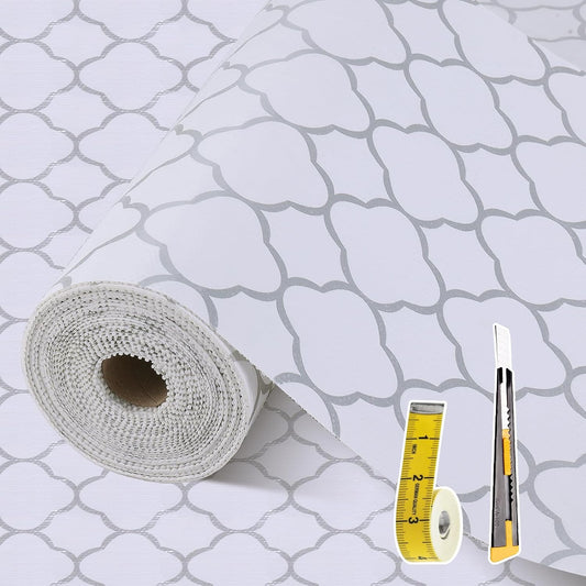 Shelf Liners for Kitchen Cabinets 17in x 20FT Non Adhesive Drawer Liner Silver Quatrefoil Shelf Liner Paper Strong Non-Slip Easy to Clean for Tool Box Refrigerator with Knife and Tape Measure