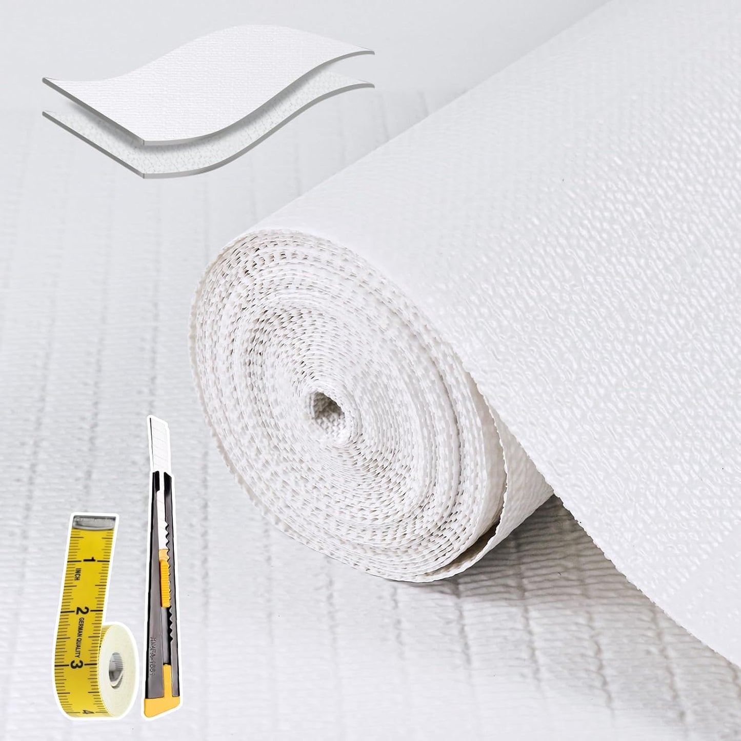 Shelf Liners for Kitchen Cabinets 12in x 39.37FT Non Adhesive Drawer Liner Pure White Thickened Shelf Liner Strong Non-Slip Easy to Clean for Tool Box Refrigerator with Knife and Tape Measure