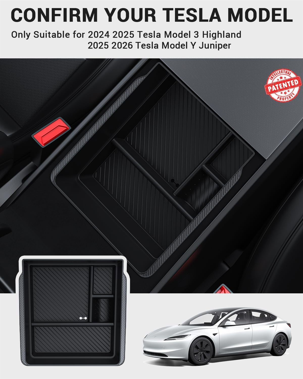BASENOR 2026 Tesla Model Y Model 3 Armrest Storage Box, Center Console Organizer (Carbon Edition) for Tesla 3 Highland 2024 2025 2026 Model Y 2025 2026 Juniper (Standard/Premium/Performance)