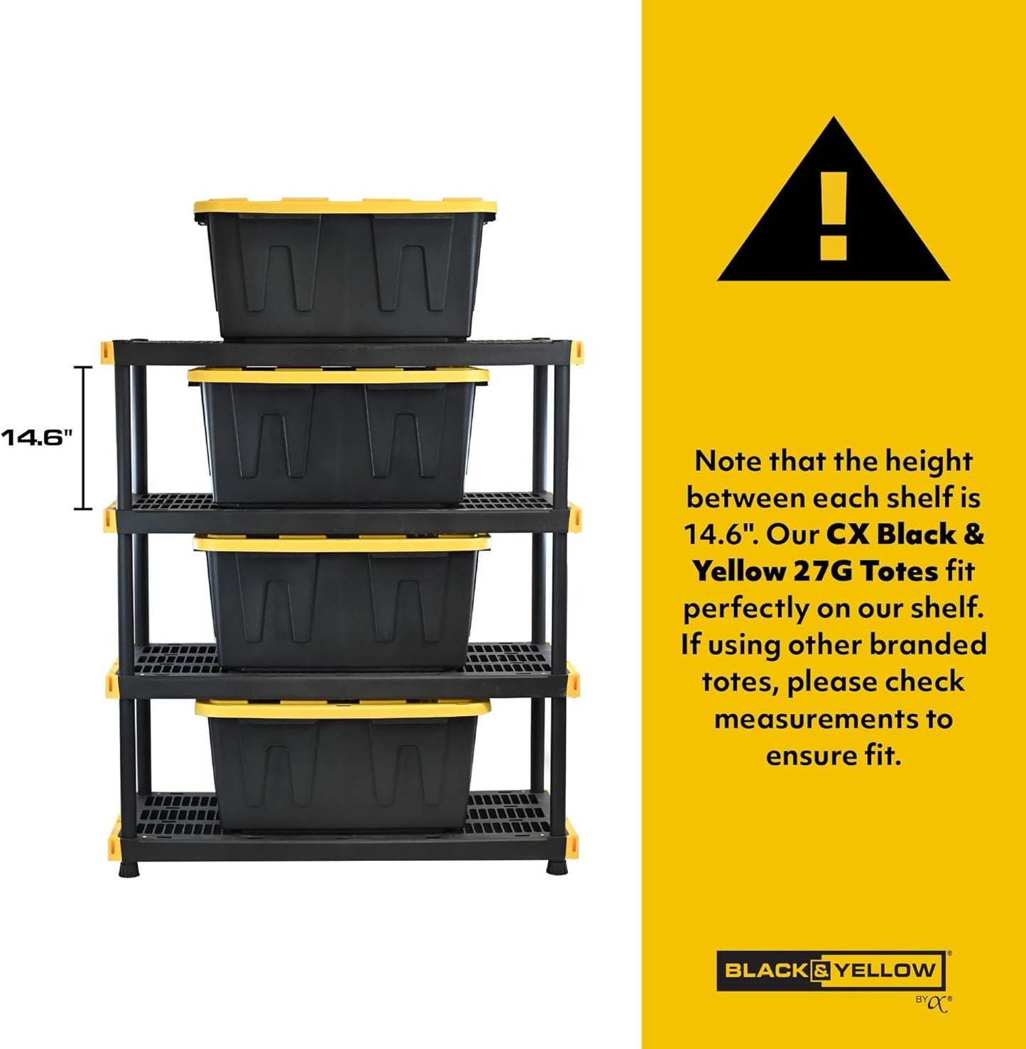 Black & Yellow, 4-Tier Heavy Duty Plastic Storage Shelving Unit, 200lbs/shelf (55H x 48W x 20D), for Indoor/Outdoor Organization, Modular Rack